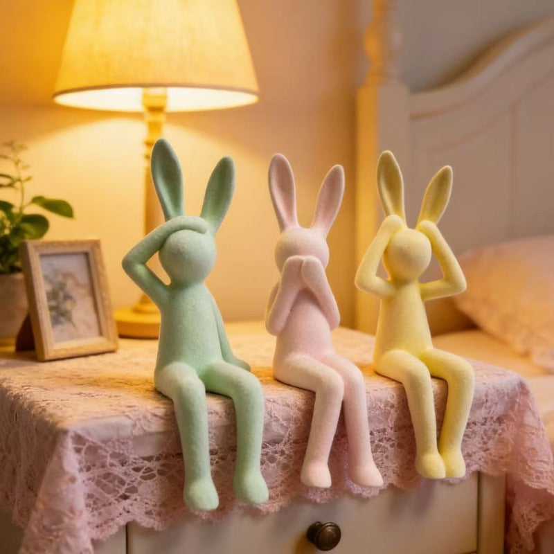 3pcs Bohemian Macaron Flocked Rabbit Figurines - Resin Suitable for Bunny Shelf Decor, Decorations, Kawaii Bunny Statues for Home, Perfect Gift for Rabbit Lovers, Aesthetic Room Ornaments for Living Room Bedroom
