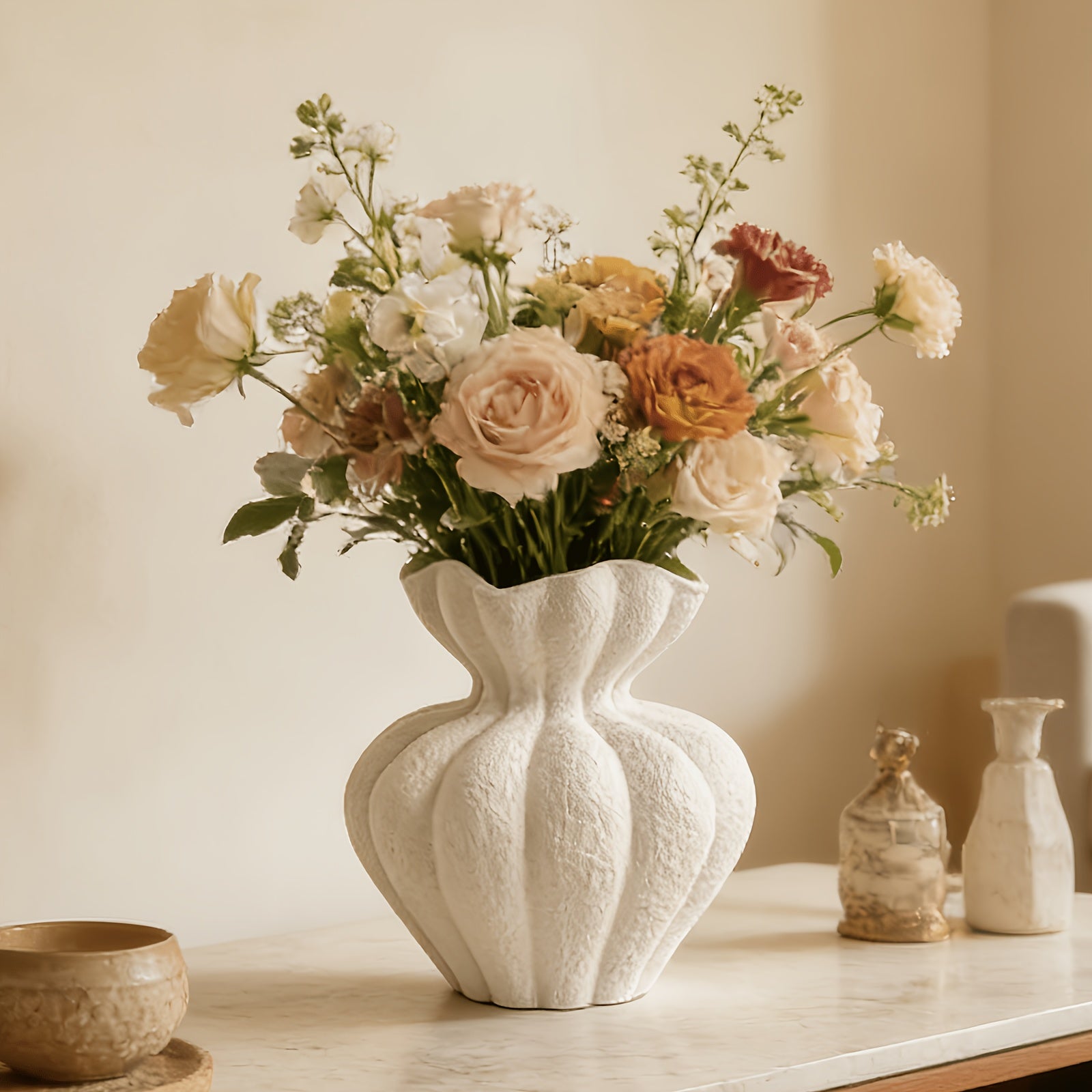 White Ceramic Vase, 8.2 Inch Modern Boho White Flower Vase for Home Decor, Unique Vase for Farmhouse Living Room Cabinet Table Centerpieces Wedding Decorations