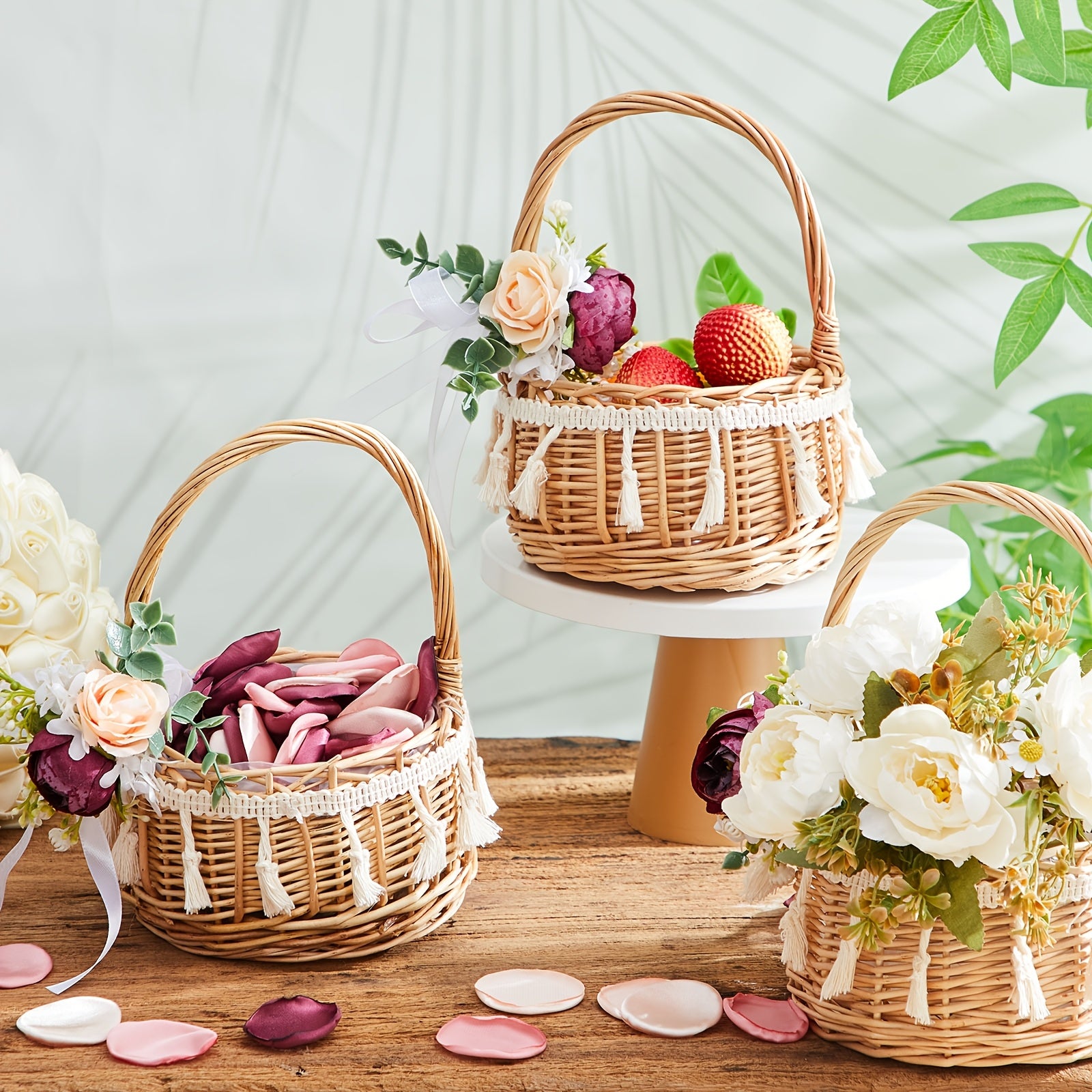 4pcs Rattan Woven Flower Basket Picnic Basket For Wedding Small 5.12 X 8.27 Inch Rustic Wicker Floral Storage Basket With Artificial Flowers Decorative And Handle For Home Wedding Birthday Decor (Purple)