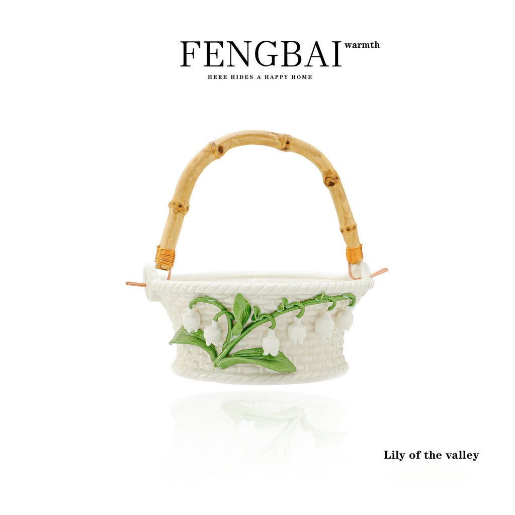 Creative Ceramic Lily of The Valley Handheld Basket, Fruit Basket, Living Room Home Desktop Display Tray, Snack Tray, Storage Basket, Shelf Baskets