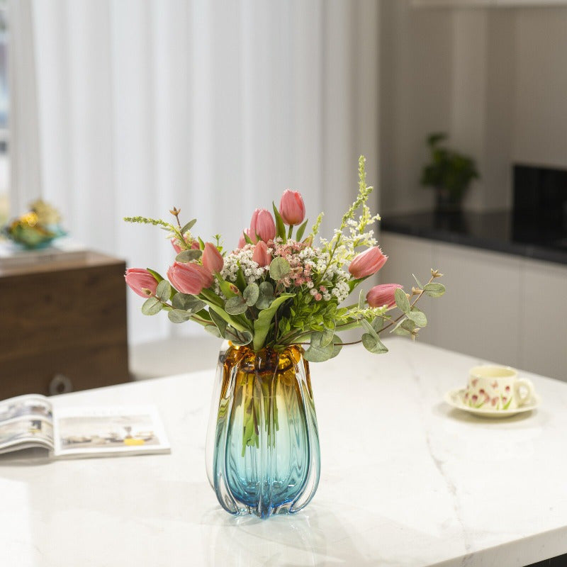 1pc glass vase, luxurious handmade blown art, blue and amber, suitable for home decoration, 9.5-inch high dining table decoration, can be used to hold water