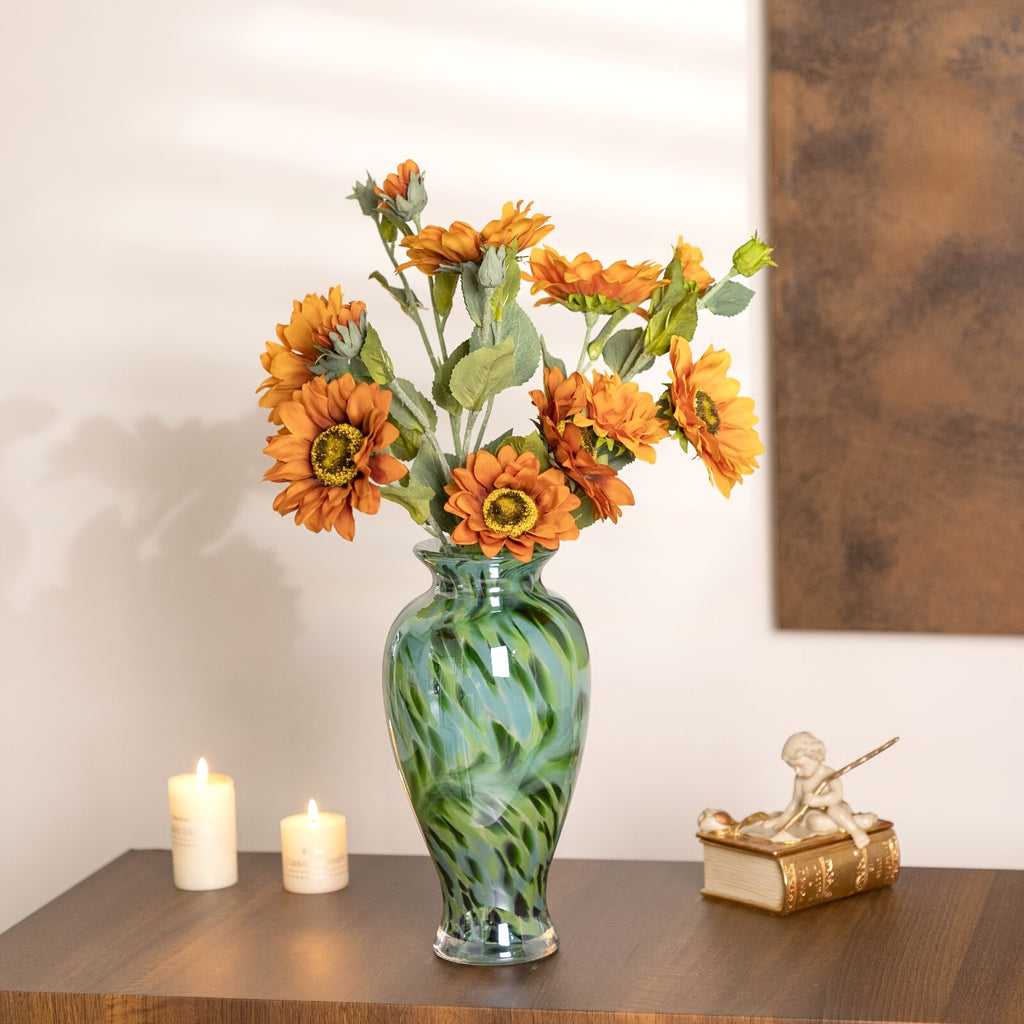 Green | Handmade Handmade Green Glass 1pc Vase | Beautiful Spring Flower Arrangement Container, Wide Mouth Vase | Unique Gift for Mothers And Sisters, Suitable for Central Table Decoration, Living Room Or Wedding Decoration