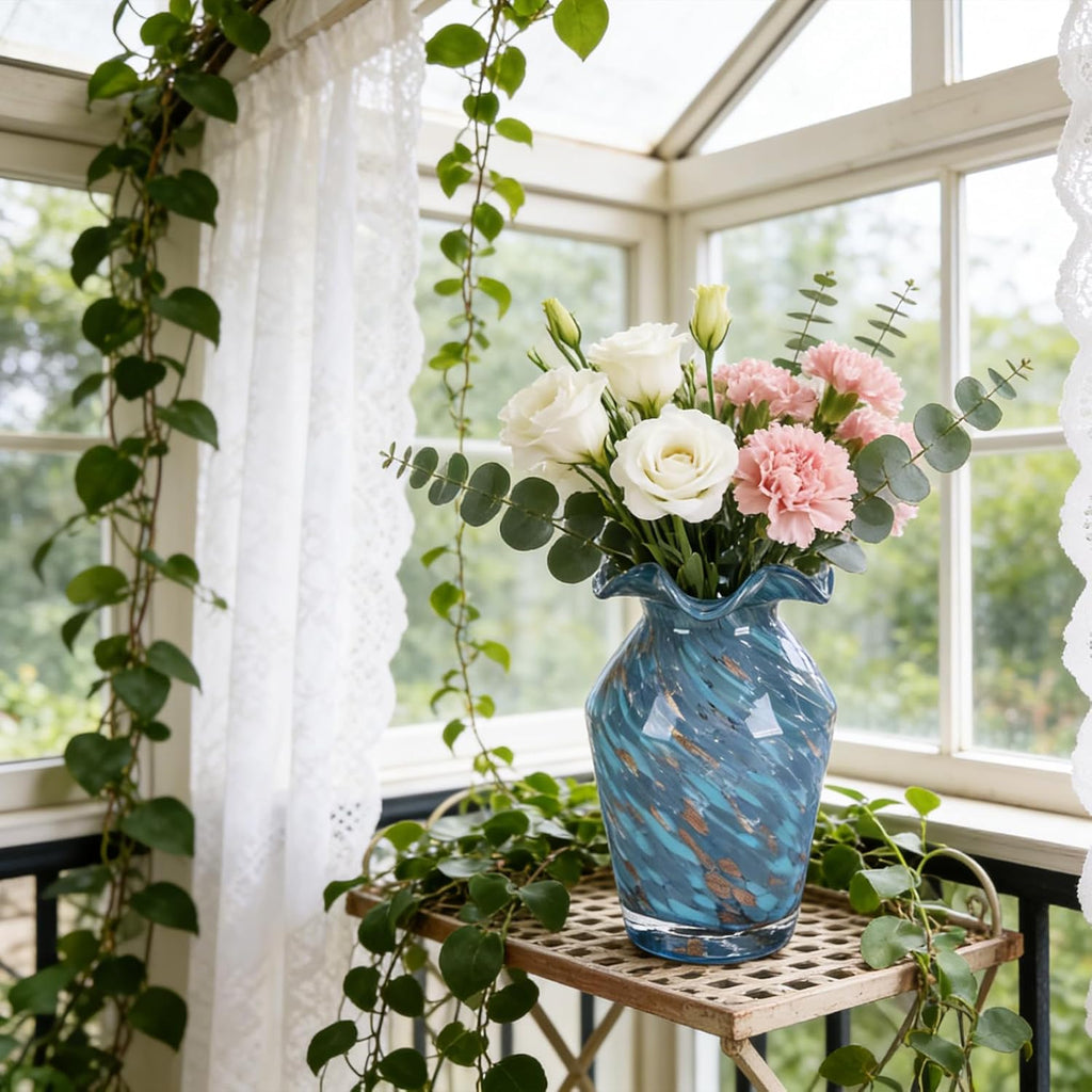 Hand Blown Glass Vase - Modern Round Centerpiece with High-Waisted Rhombus Ruffle Base, Handmade Glass Vases Suitable for Wedding Table Decor, Living Room, Dining Table Centerpiece, Contemporary Glass Flower Holder for Home Decor