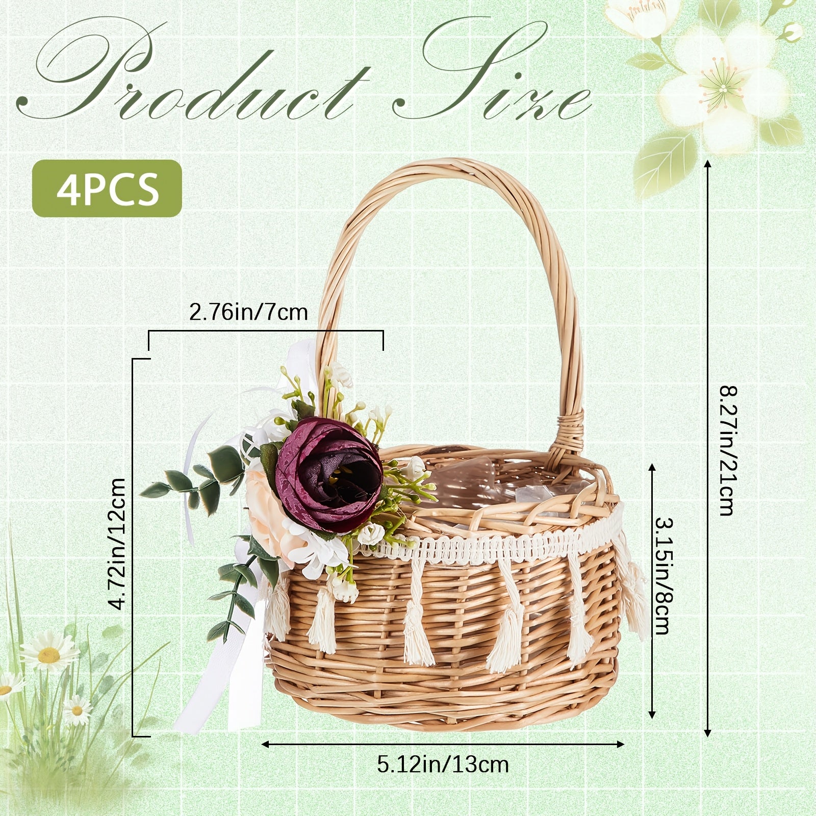 4pcs Rattan Woven Flower Basket Picnic Basket For Wedding Small 5.12 X 8.27 Inch Rustic Wicker Floral Storage Basket With Artificial Flowers Decorative And Handle For Home Wedding Birthday Decor (Purple)