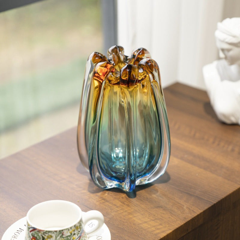 1pc glass vase, luxurious handmade blown art, blue and amber, suitable for home decoration, 9.5-inch high dining table decoration, can be used to hold water