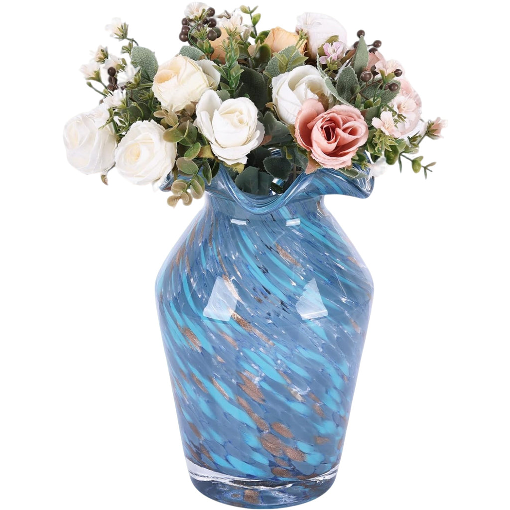 Hand Blown Glass Vase - Modern Round Centerpiece with High-Waisted Rhombus Ruffle Base, Handmade Glass Vases Suitable for Wedding Table Decor, Living Room, Dining Table Centerpiece, Contemporary Glass Flower Holder for Home Decor