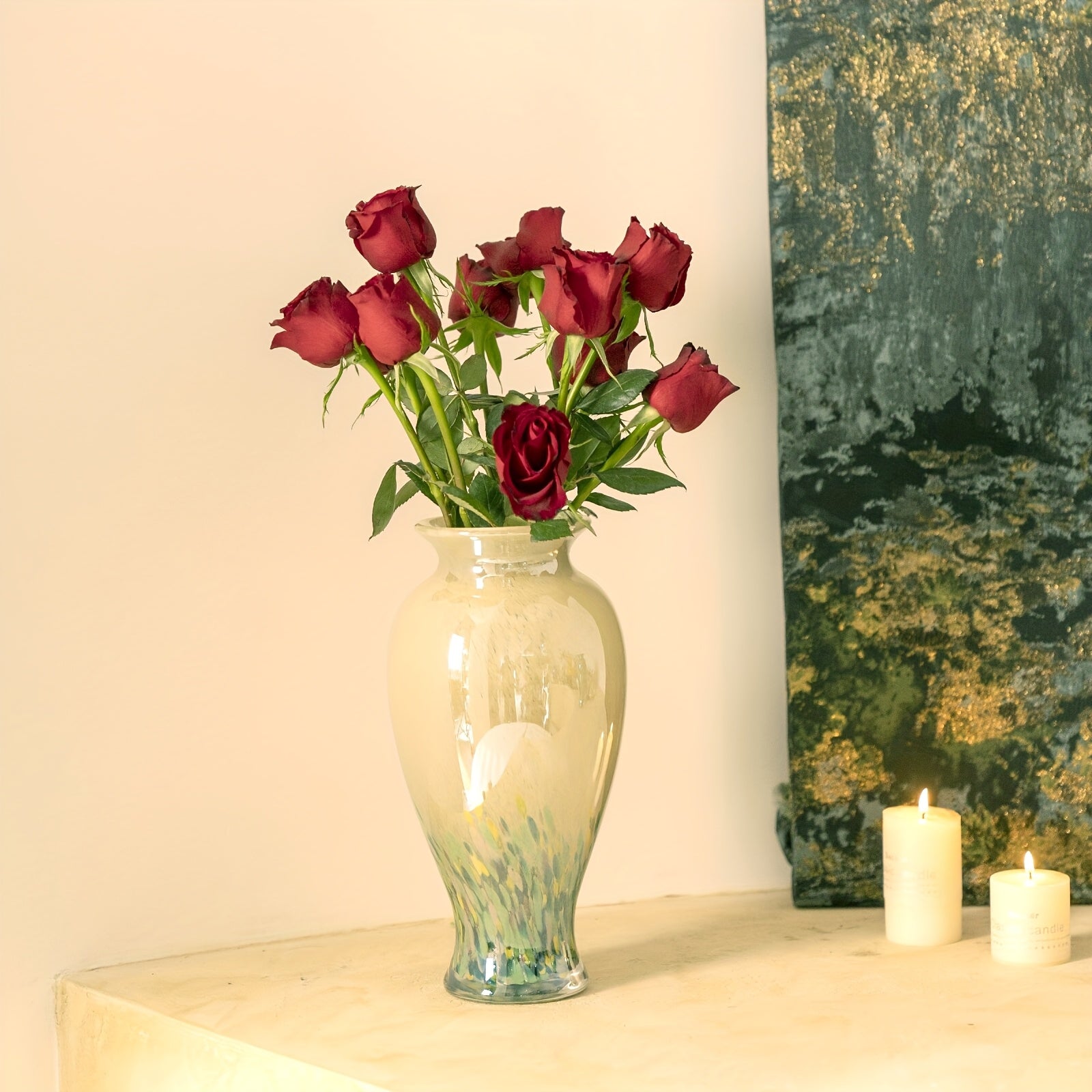 Green | Handmade Handmade Green Glass 1pc Vase | Beautiful Spring Flower Arrangement Container, Wide Mouth Vase | Unique Gift for Mothers And Sisters, Suitable for Central Table Decoration, Living Room Or Wedding Decoration