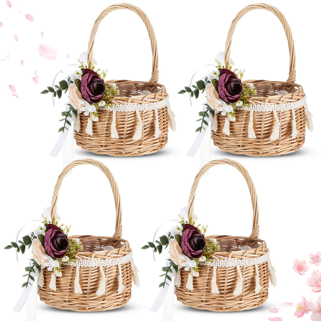 4pcs Rattan Woven Flower Basket Picnic Basket For Wedding Small 5.12 X 8.27 Inch Rustic Wicker Floral Storage Basket With Artificial Flowers Decorative And Handle For Home Wedding Birthday Decor (Purple)