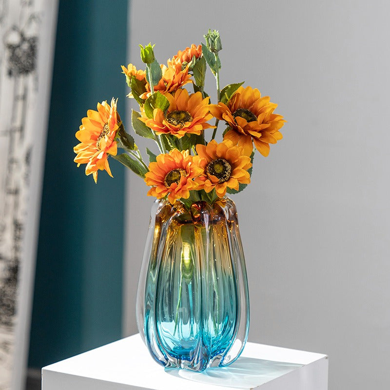 1pc glass vase, luxurious handmade blown art, blue and amber, suitable for home decoration, 9.5-inch high dining table decoration, can be used to hold water
