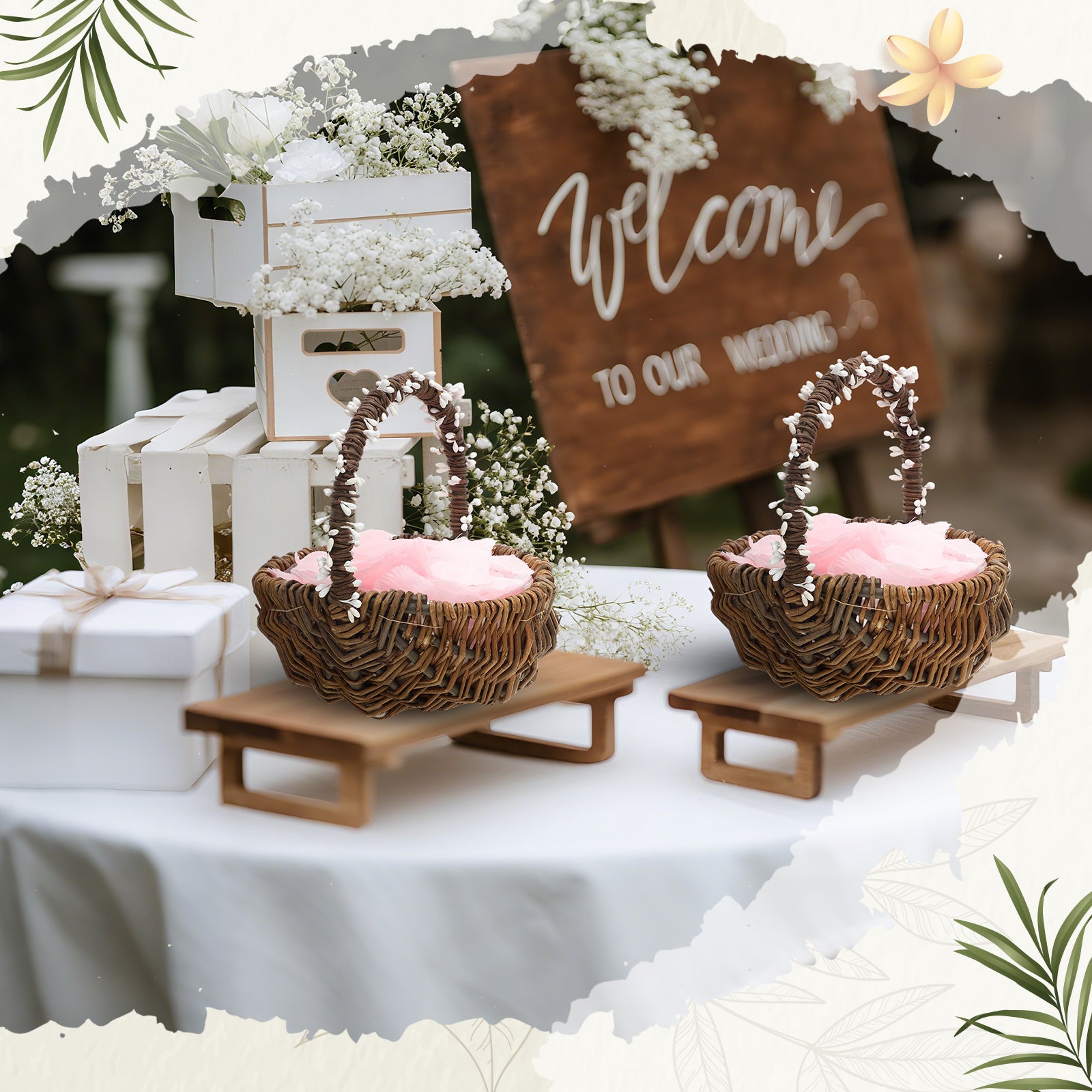 2pcs Christmas Flower Basket Vintage Berry Vine Wrapping Small Wicker Basket with Handle for Wedding Flowers Floral Decoration Candy Garden Home Storage