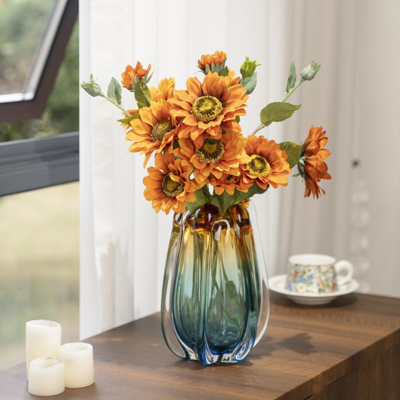 1pc glass vase, luxurious handmade blown art, blue and amber, suitable for home decoration, 9.5-inch high dining table decoration, can be used to hold water