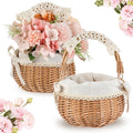 2pcs Small Wicker Rattan Flower Basket Set | Hand Woven With Handle And Fabric Liner, Rustic And Cute For Wedding Girl, Home Decorations, Picnic, Garden, Candy Sweets, Gifts Storage