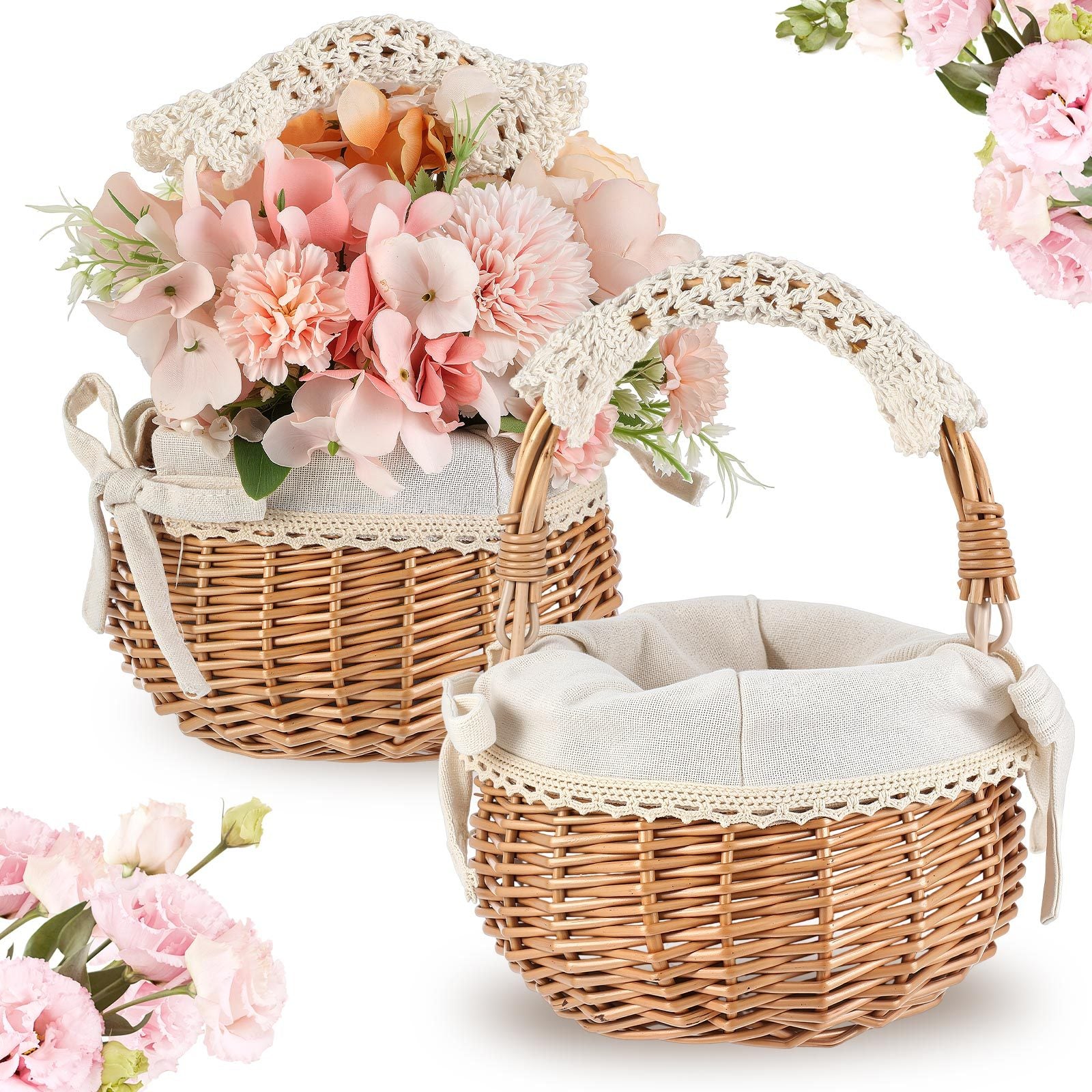 2pcs Small Wicker Rattan Flower Basket Set | Hand Woven With Handle And Fabric Liner, Rustic And Cute For Wedding Girl, Home Decorations, Picnic, Garden, Candy Sweets, Gifts Storage