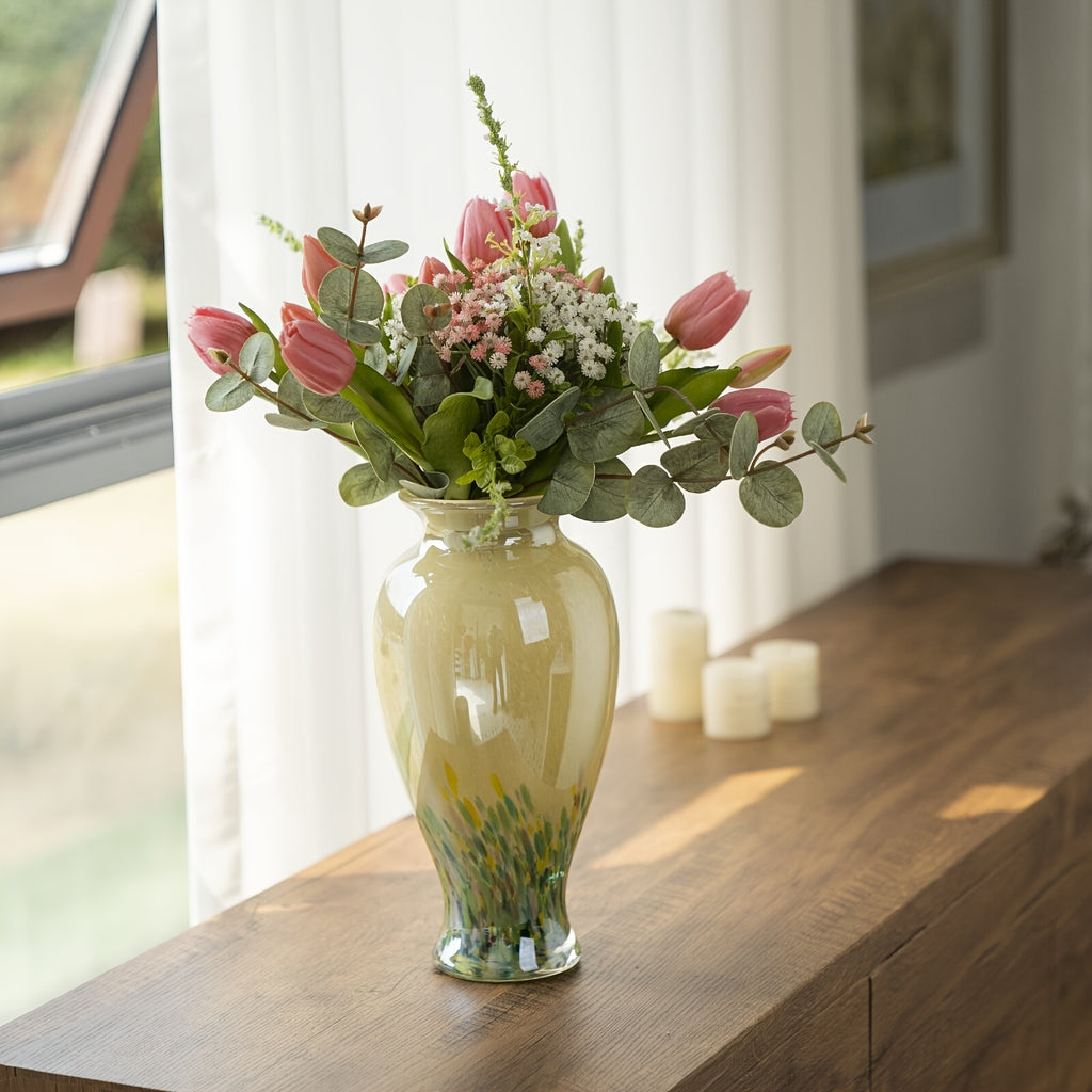 Green | Handmade Handmade Green Glass 1pc Vase | Beautiful Spring Flower Arrangement Container, Wide Mouth Vase | Unique Gift for Mothers And Sisters, Suitable for Central Table Decoration, Living Room Or Wedding Decoration