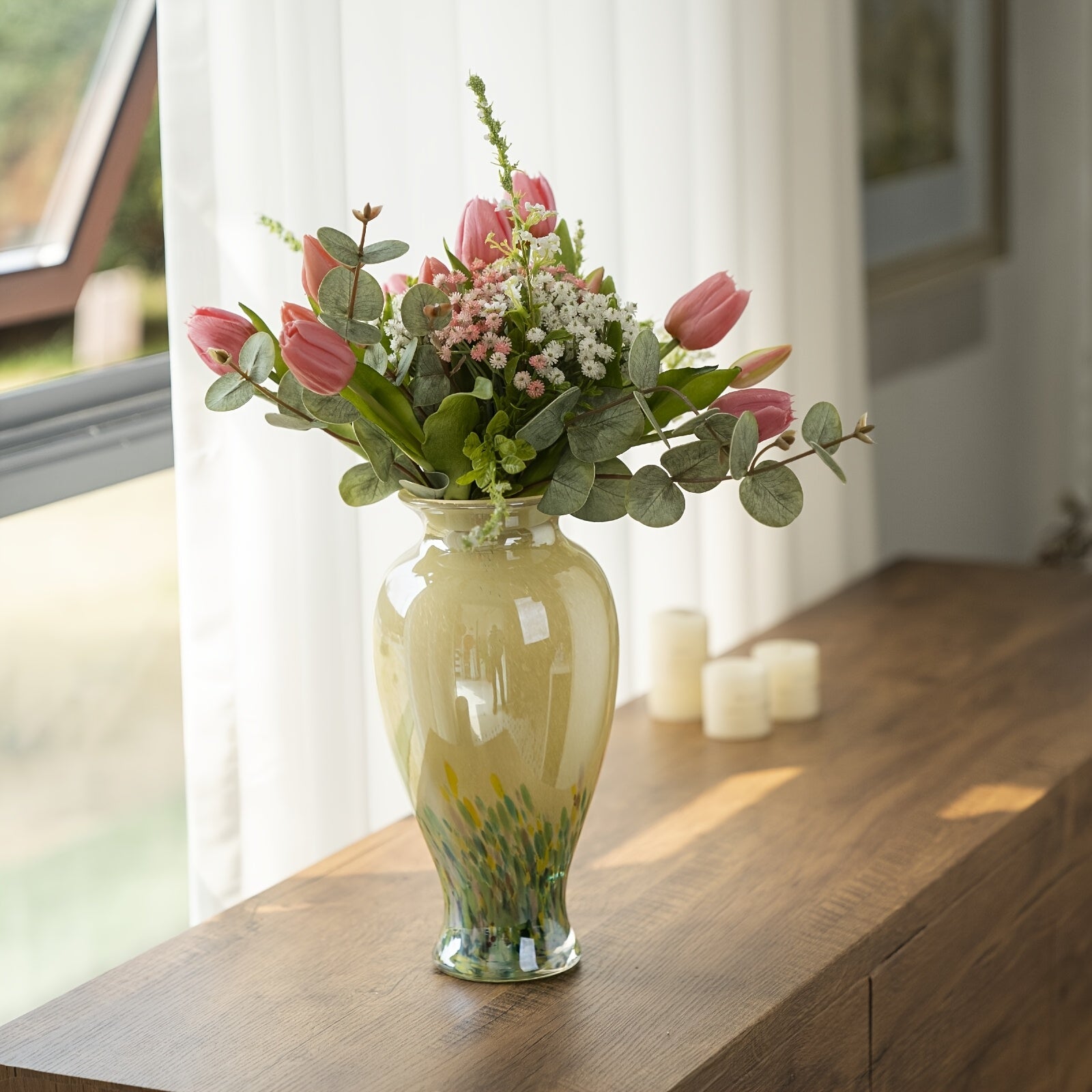 Green | Handmade Handmade Green Glass 1pc Vase | Beautiful Spring Flower Arrangement Container, Wide Mouth Vase | Unique Gift for Mothers And Sisters, Suitable for Central Table Decoration, Living Room Or Wedding Decoration