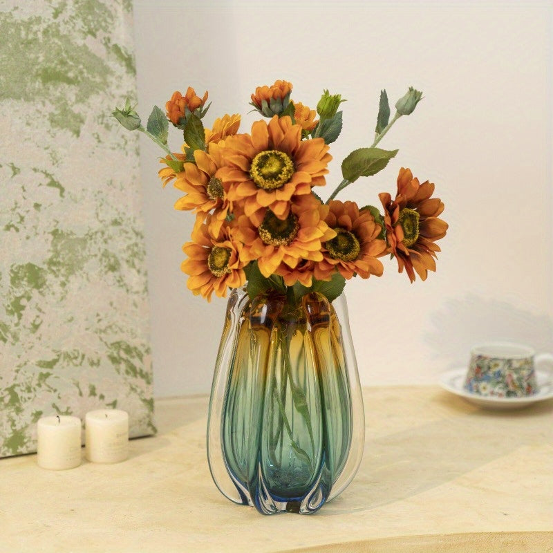1pc glass vase, luxurious handmade blown art, blue and amber, suitable for home decoration, 9.5-inch high dining table decoration, can be used to hold water