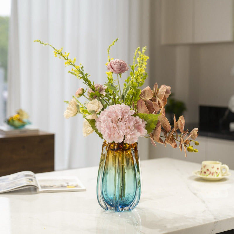 1pc glass vase, luxurious handmade blown art, blue and amber, suitable for home decoration, 9.5-inch high dining table decoration, can be used to hold water