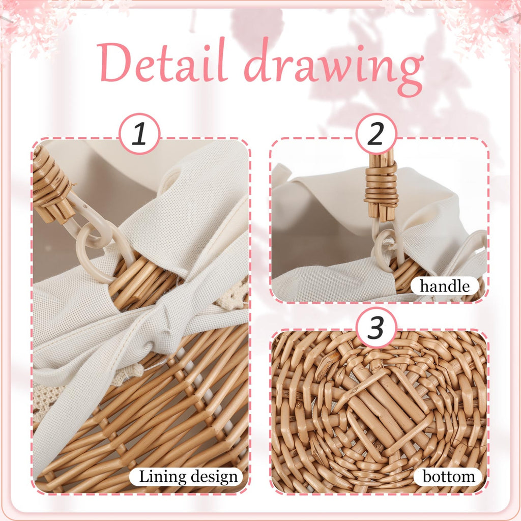 2pcs Small Wicker Rattan Flower Basket Set | Hand Woven With Handle And Fabric Liner, Rustic And Cute For Wedding Girl, Home Decorations, Picnic, Garden, Candy Sweets, Gifts Storage