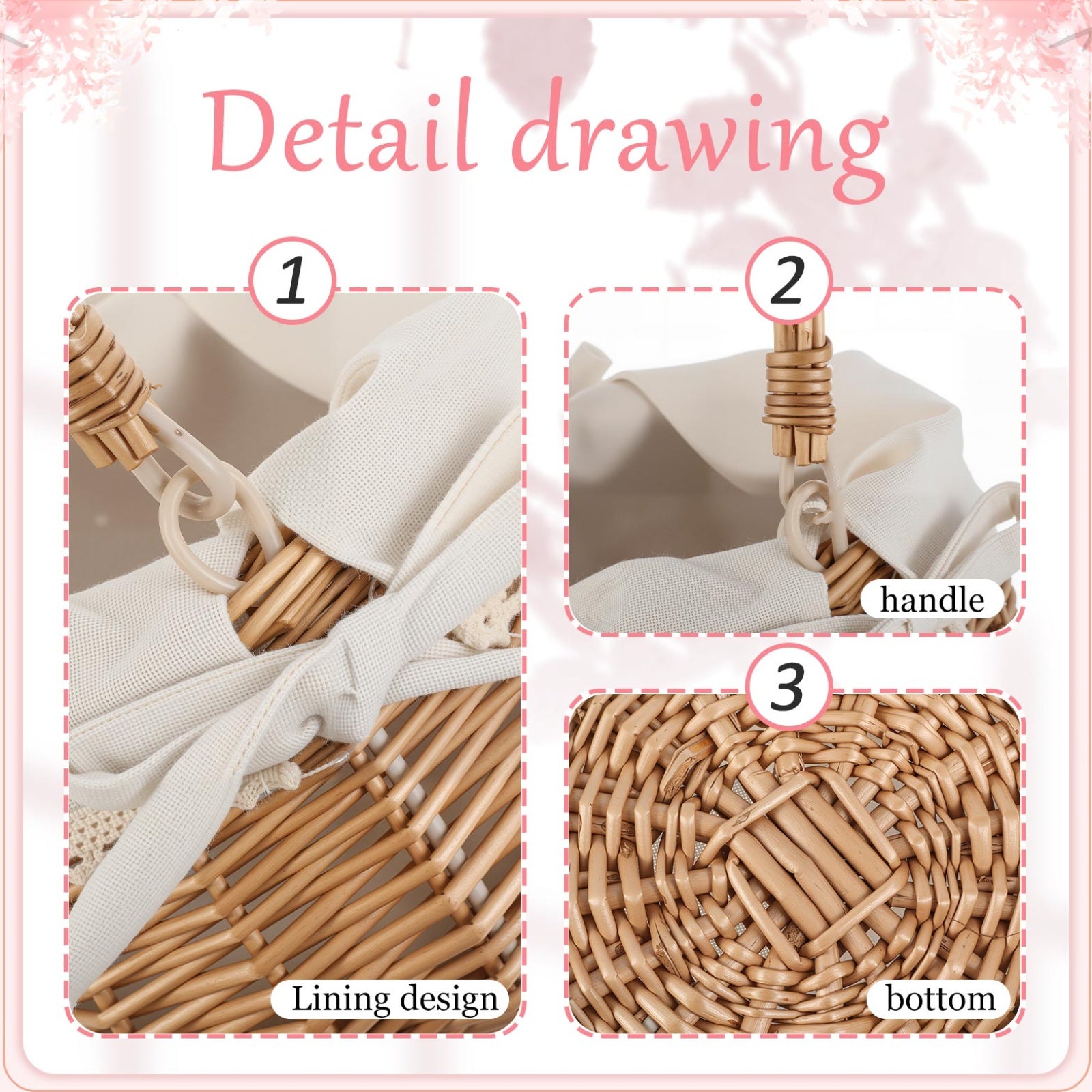 2pcs Small Wicker Rattan Flower Basket Set | Hand Woven With Handle And Fabric Liner, Rustic And Cute For Wedding Girl, Home Decorations, Picnic, Garden, Candy Sweets, Gifts Storage