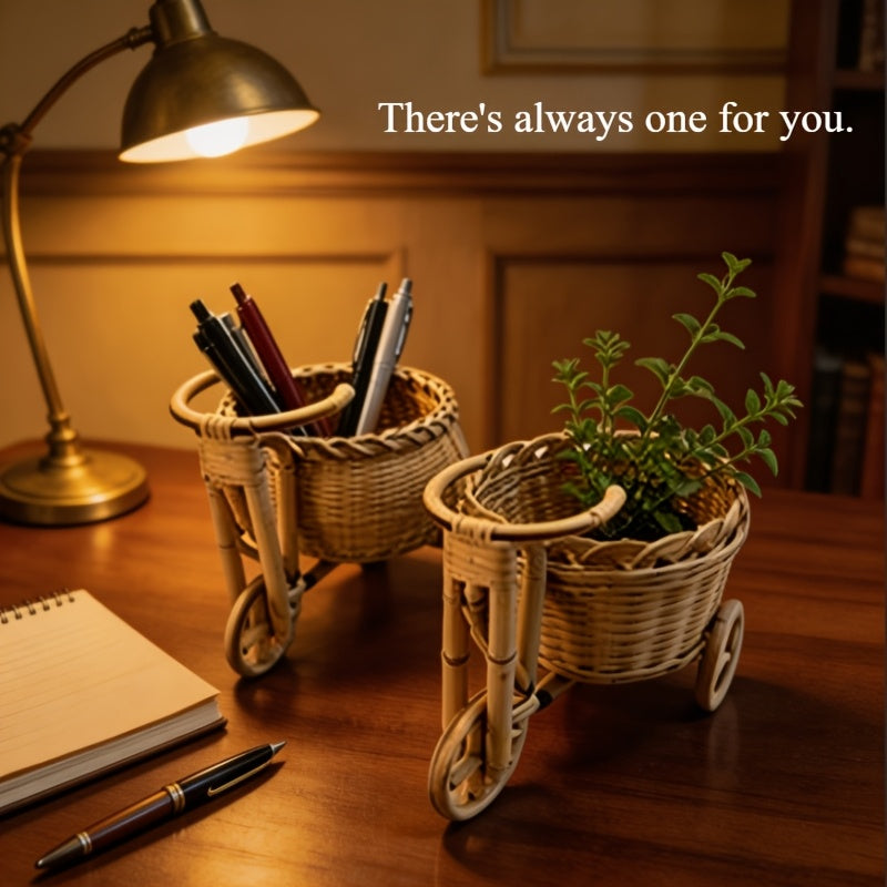 Handmade Mini Bamboo Decorative Storage Basket, Flower Basket with Tricycle Art Design, Pen Holder for Desk, Suitable for Living Room, Bedroom And Outdoor Decoration (Not for Food Contact), Shelf Baskets