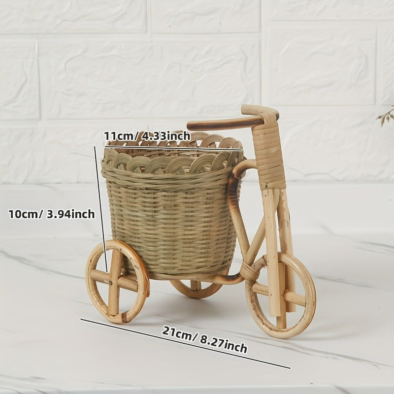 Handmade Mini Bamboo Decorative Storage Basket, Flower Basket with Tricycle Art Design, Pen Holder for Desk, Suitable for Living Room, Bedroom And Outdoor Decoration (Not for Food Contact), Shelf Baskets