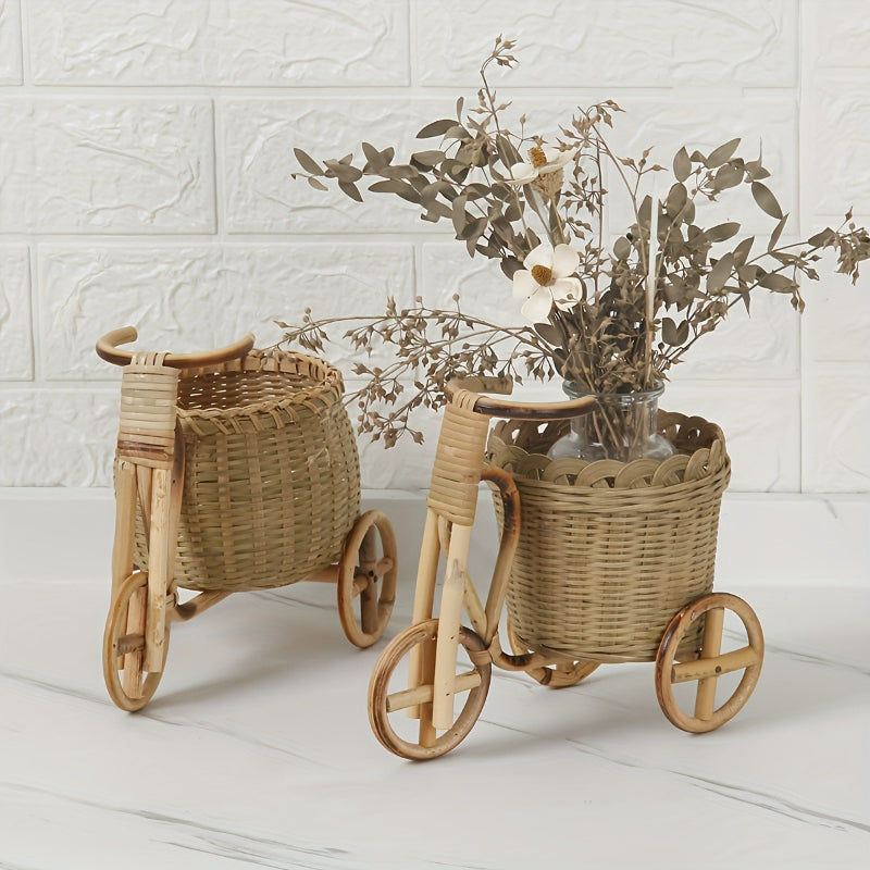 Handmade Mini Bamboo Decorative Storage Basket, Flower Basket with Tricycle Art Design, Pen Holder for Desk, Suitable for Living Room, Bedroom And Outdoor Decoration (Not for Food Contact), Shelf Baskets