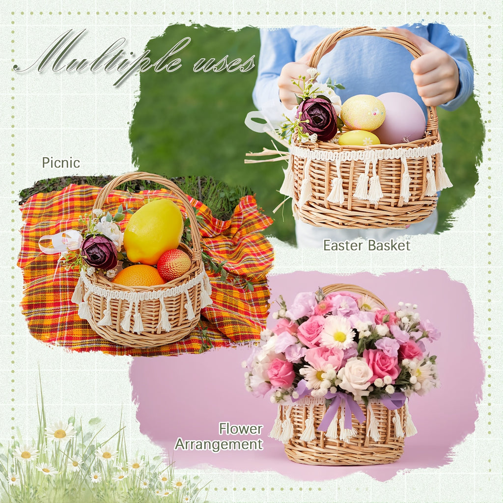 4pcs Rattan Woven Flower Basket Picnic Basket For Wedding Small 5.12 X 8.27 Inch Rustic Wicker Floral Storage Basket With Artificial Flowers Decorative And Handle For Home Wedding Birthday Decor (Purple)