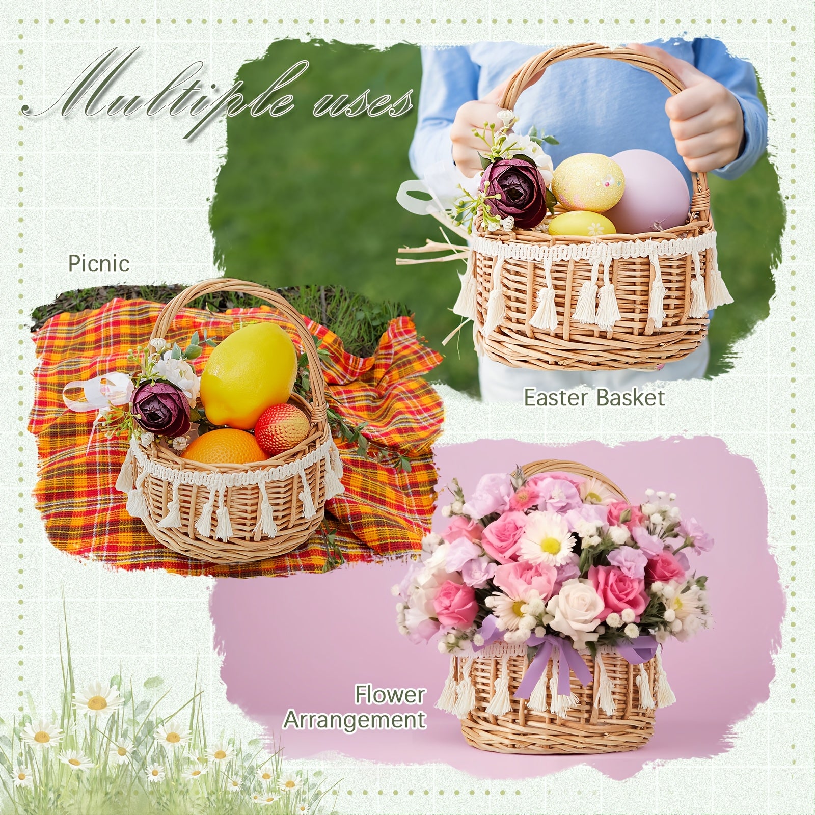 4pcs Rattan Woven Flower Basket Picnic Basket For Wedding Small 5.12 X 8.27 Inch Rustic Wicker Floral Storage Basket With Artificial Flowers Decorative And Handle For Home Wedding Birthday Decor (Purple)