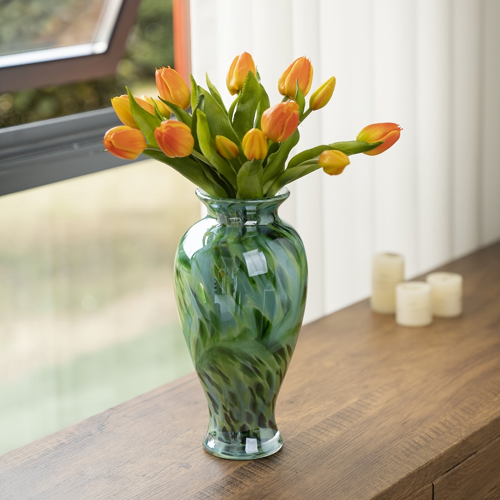 Green | Handmade Handmade Green Glass 1pc Vase | Beautiful Spring Flower Arrangement Container, Wide Mouth Vase | Unique Gift for Mothers And Sisters, Suitable for Central Table Decoration, Living Room Or Wedding Decoration