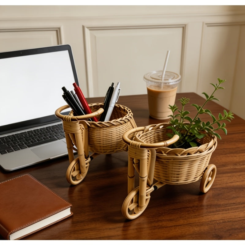 Handmade Mini Bamboo Decorative Storage Basket, Flower Basket with Tricycle Art Design, Pen Holder for Desk, Suitable for Living Room, Bedroom And Outdoor Decoration (Not for Food Contact), Shelf Baskets