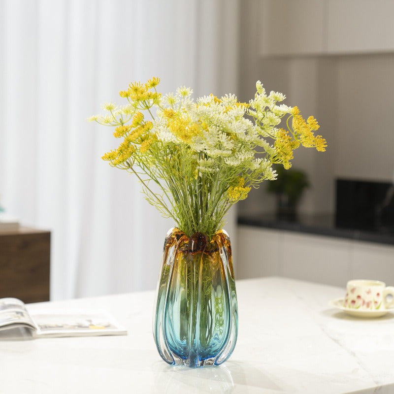 1pc glass vase, luxurious handmade blown art, blue and amber, suitable for home decoration, 9.5-inch high dining table decoration, can be used to hold water