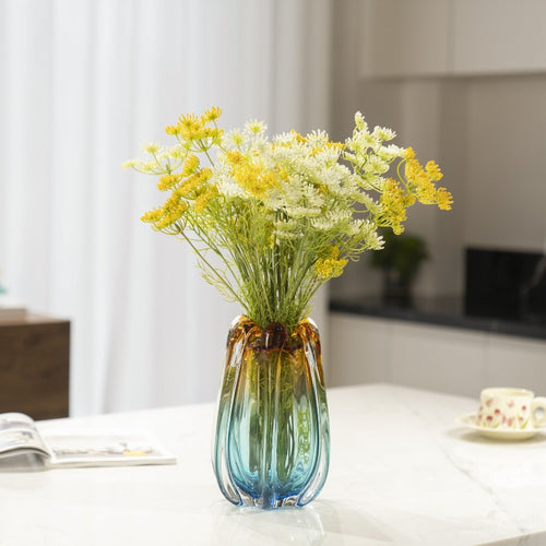 1pc glass vase, luxurious handmade blown art, blue and amber, suitable for home decoration, 9.5-inch high dining table decoration, can be used to hold water