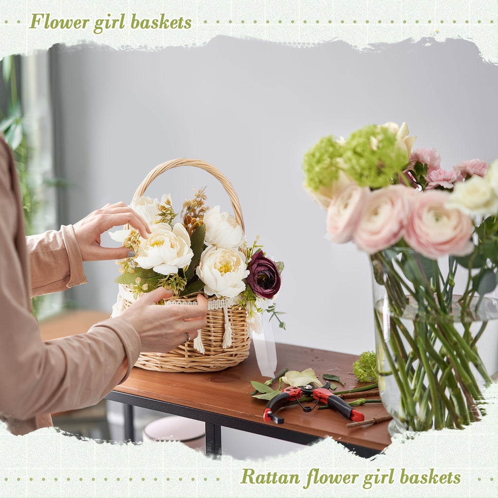 4pcs Rattan Woven Flower Basket Picnic Basket For Wedding Small 5.12 X 8.27 Inch Rustic Wicker Floral Storage Basket With Artificial Flowers Decorative And Handle For Home Wedding Birthday Decor (Purple)