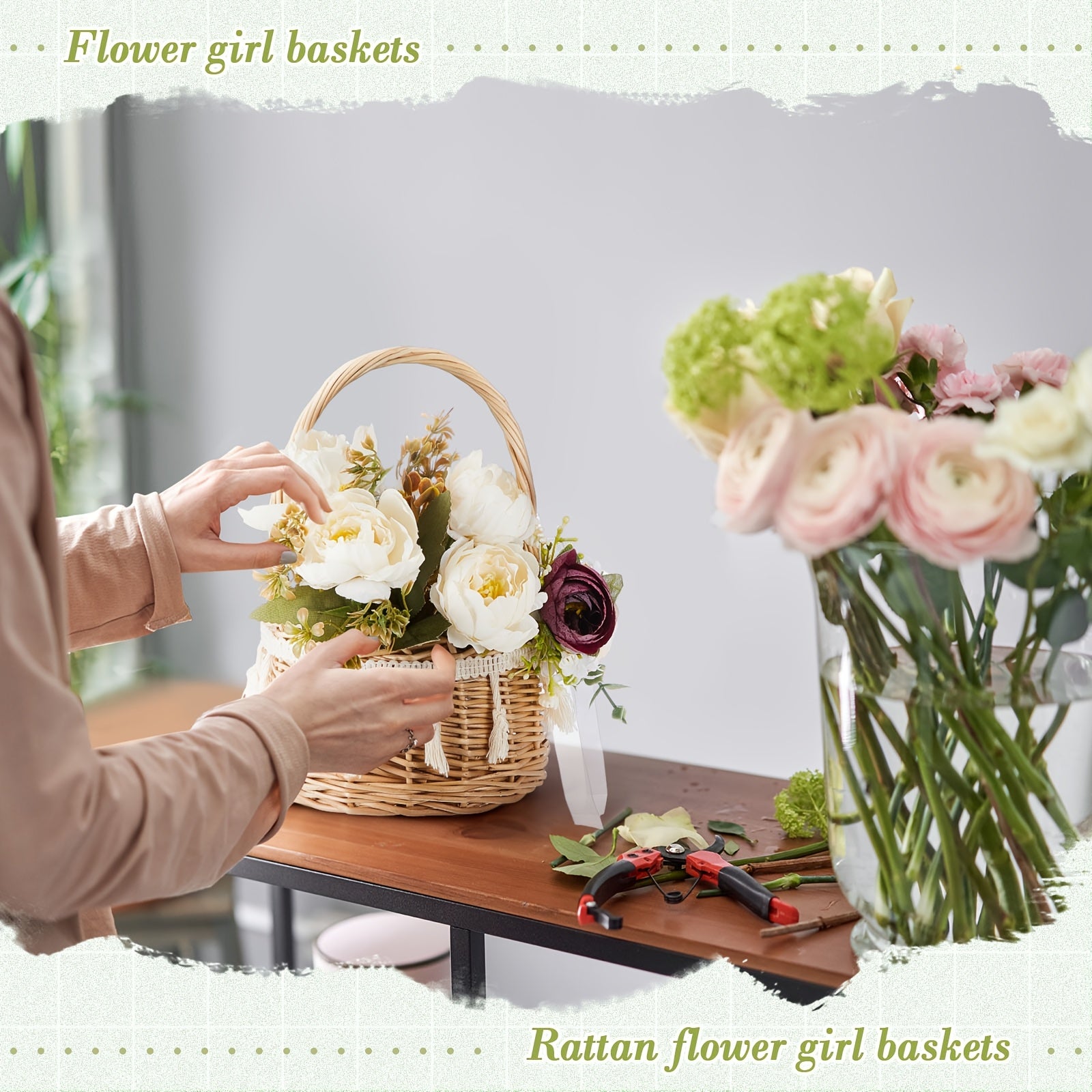 4pcs Rattan Woven Flower Basket Picnic Basket For Wedding Small 5.12 X 8.27 Inch Rustic Wicker Floral Storage Basket With Artificial Flowers Decorative And Handle For Home Wedding Birthday Decor (Purple)