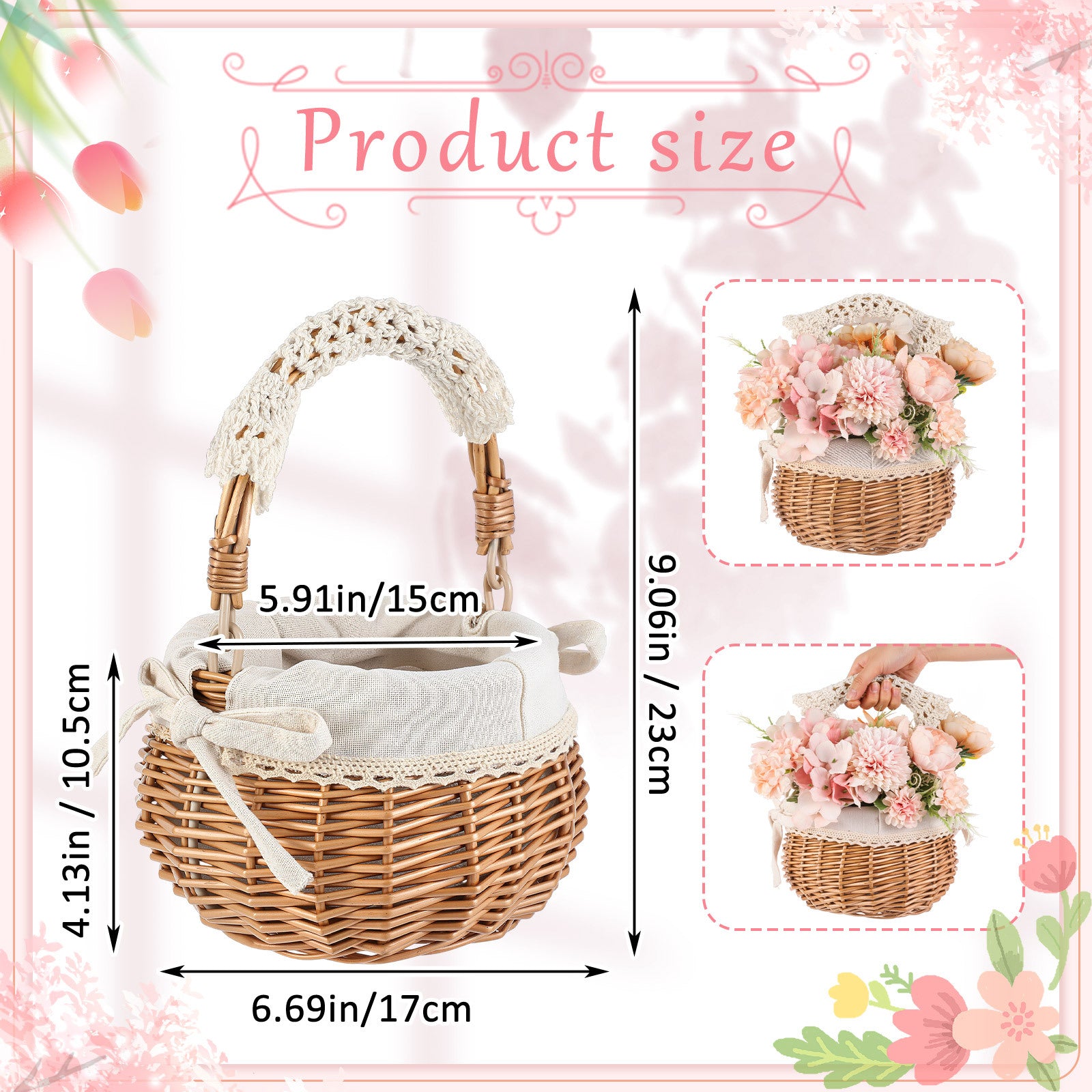 2pcs Small Wicker Rattan Flower Basket Set | Hand Woven With Handle And Fabric Liner, Rustic And Cute For Wedding Girl, Home Decorations, Picnic, Garden, Candy Sweets, Gifts Storage