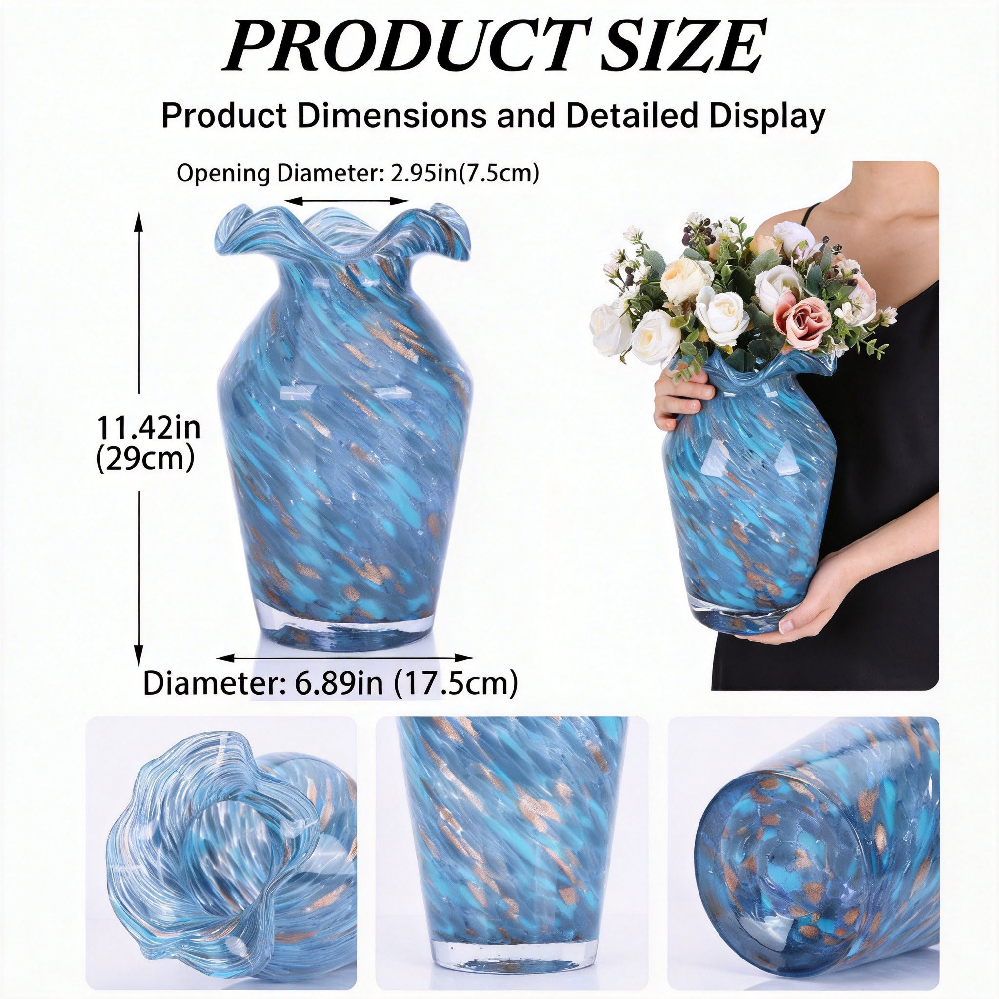 Hand Blown Glass Vase - Modern Round Centerpiece with High-Waisted Rhombus Ruffle Base, Handmade Glass Vases Suitable for Wedding Table Decor, Living Room, Dining Table Centerpiece, Contemporary Glass Flower Holder for Home Decor