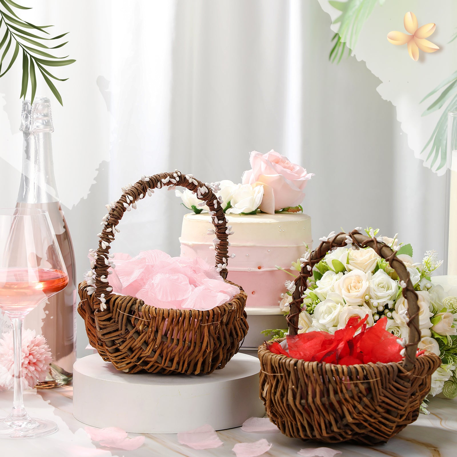 2pcs Christmas Flower Basket Vintage Berry Vine Wrapping Small Wicker Basket with Handle for Wedding Flowers Floral Decoration Candy Garden Home Storage