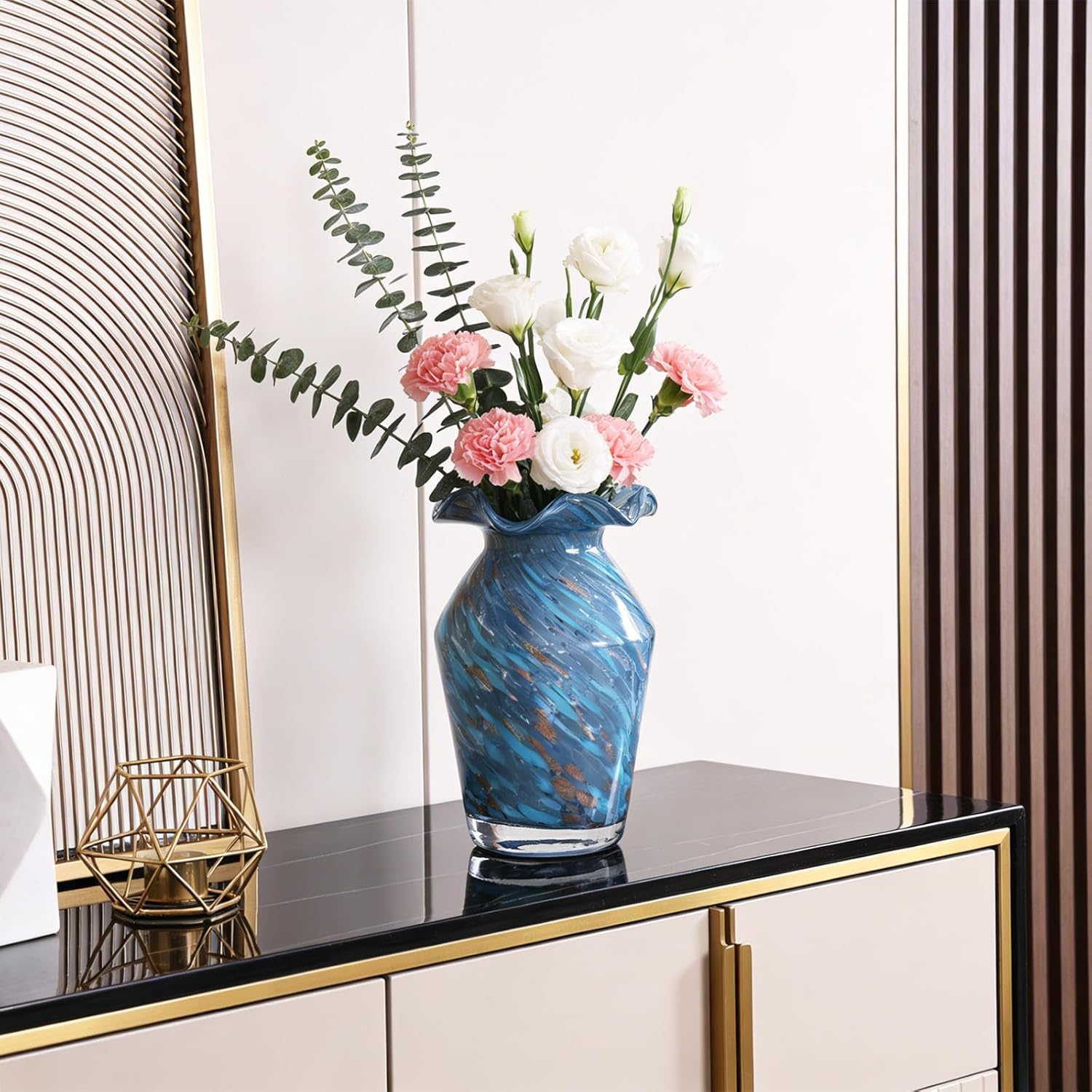 Hand Blown Glass Vase - Modern Round Centerpiece with High-Waisted Rhombus Ruffle Base, Handmade Glass Vases Suitable for Wedding Table Decor, Living Room, Dining Table Centerpiece, Contemporary Glass Flower Holder for Home Decor