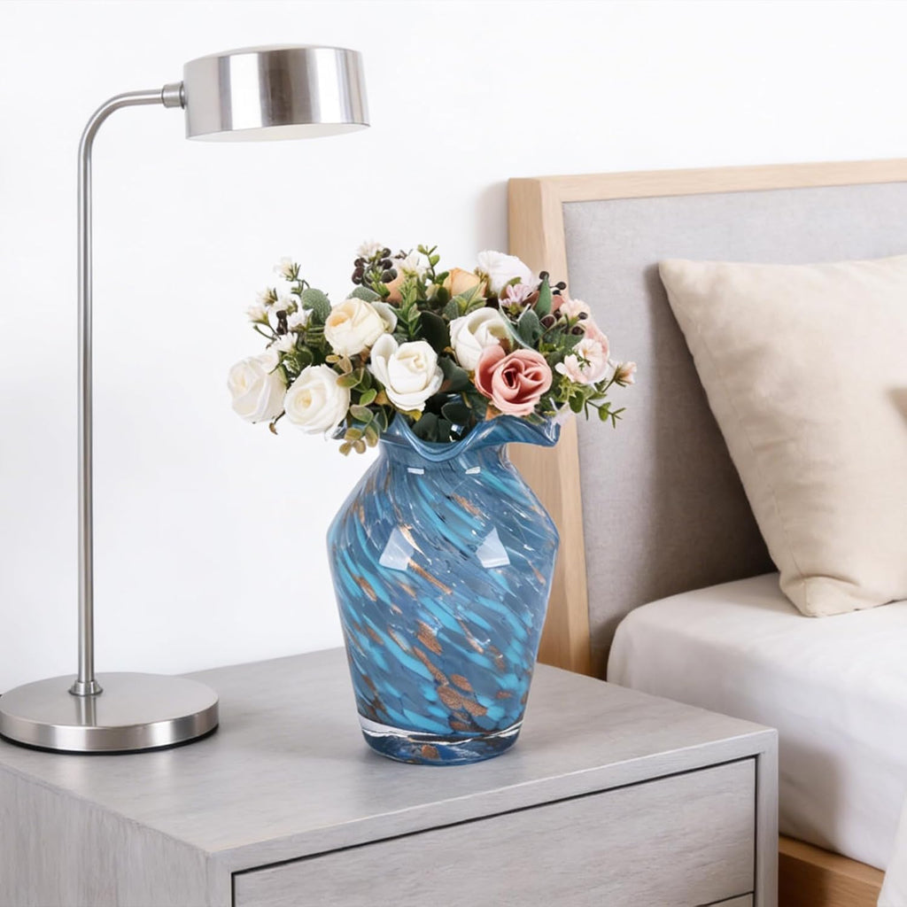Hand Blown Glass Vase - Modern Round Centerpiece with High-Waisted Rhombus Ruffle Base, Handmade Glass Vases Suitable for Wedding Table Decor, Living Room, Dining Table Centerpiece, Contemporary Glass Flower Holder for Home Decor