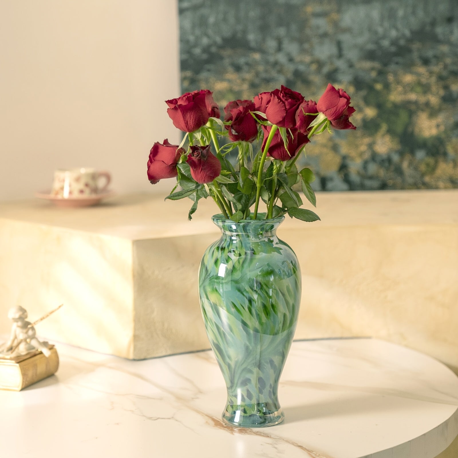 Green | Handmade Handmade Green Glass 1pc Vase | Beautiful Spring Flower Arrangement Container, Wide Mouth Vase | Unique Gift for Mothers And Sisters, Suitable for Central Table Decoration, Living Room Or Wedding Decoration