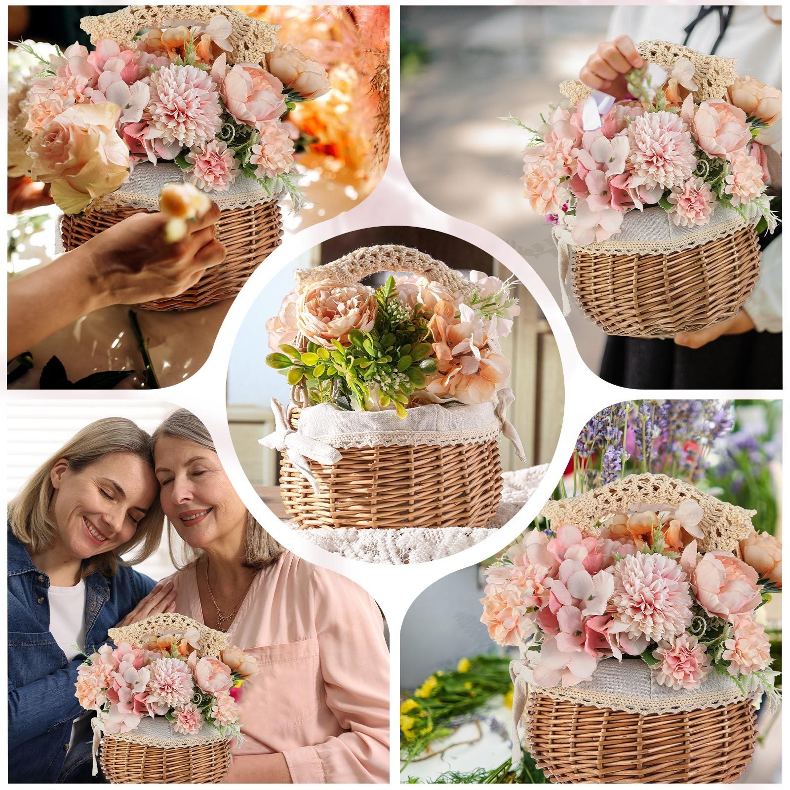 2pcs Small Wicker Rattan Flower Basket Set | Hand Woven With Handle And Fabric Liner, Rustic And Cute For Wedding Girl, Home Decorations, Picnic, Garden, Candy Sweets, Gifts Storage