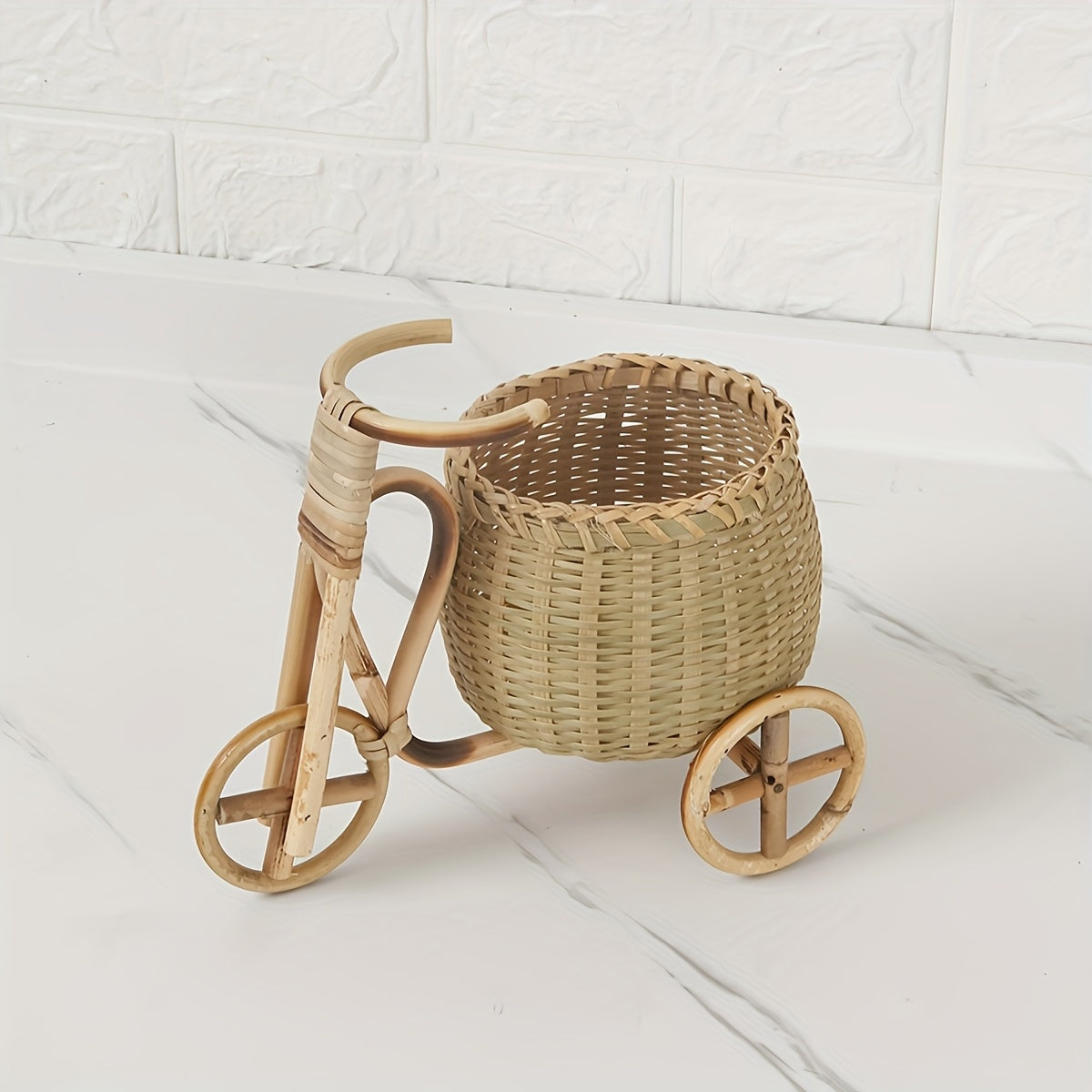 Handmade Mini Bamboo Decorative Storage Basket, Flower Basket with Tricycle Art Design, Pen Holder for Desk, Suitable for Living Room, Bedroom And Outdoor Decoration (Not for Food Contact), Shelf Baskets