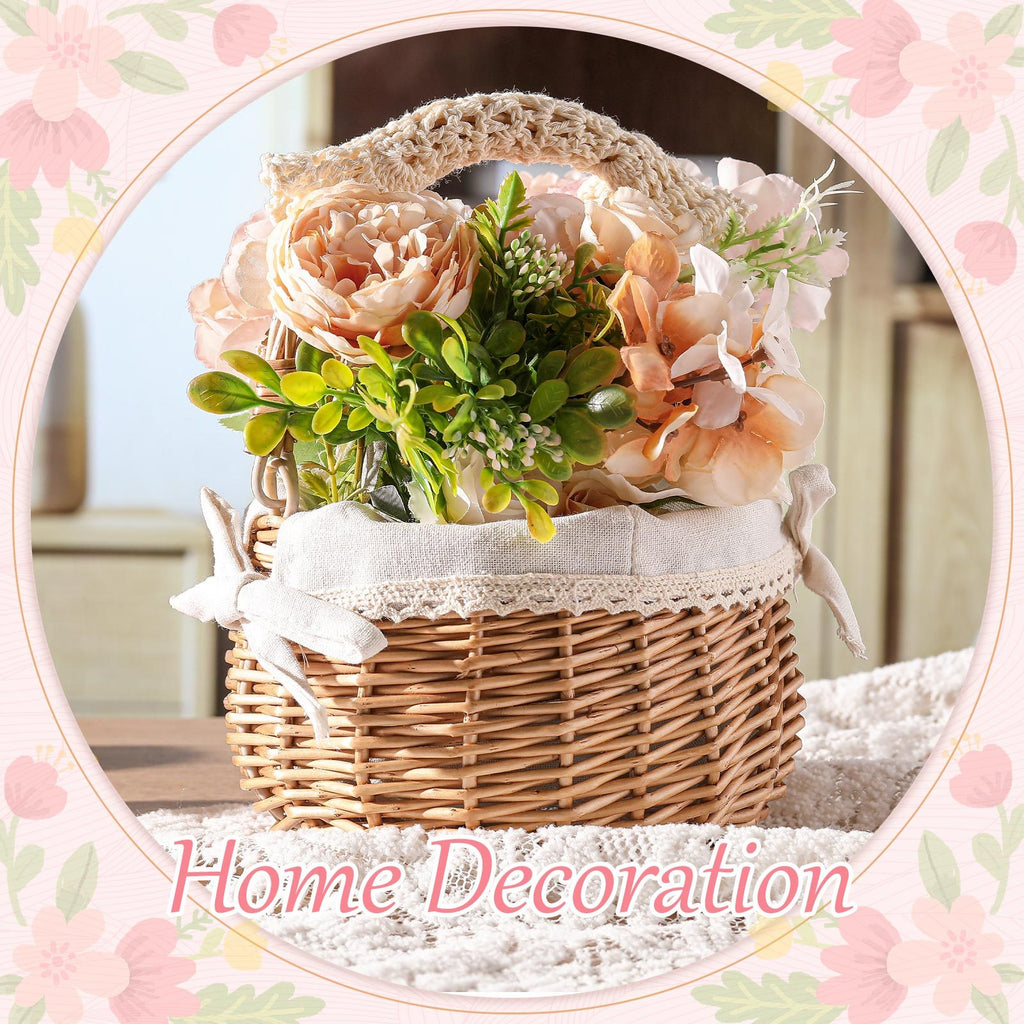 2pcs Small Wicker Rattan Flower Basket Set | Hand Woven With Handle And Fabric Liner, Rustic And Cute For Wedding Girl, Home Decorations, Picnic, Garden, Candy Sweets, Gifts Storage