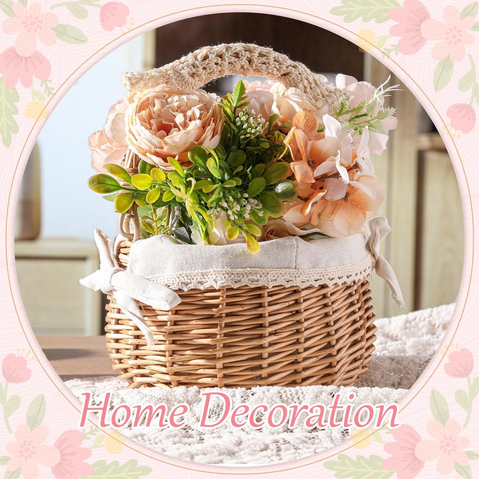 2pcs Small Wicker Rattan Flower Basket Set | Hand Woven With Handle And Fabric Liner, Rustic And Cute For Wedding Girl, Home Decorations, Picnic, Garden, Candy Sweets, Gifts Storage