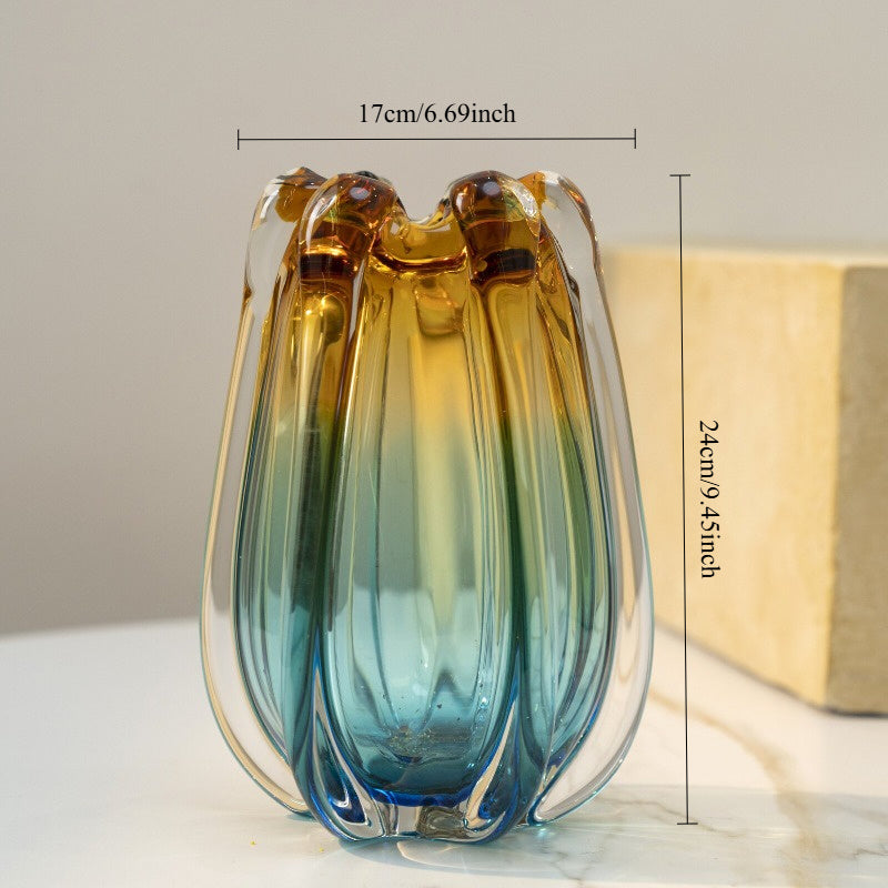 1pc glass vase, luxurious handmade blown art, blue and amber, suitable for home decoration, 9.5-inch high dining table decoration, can be used to hold water