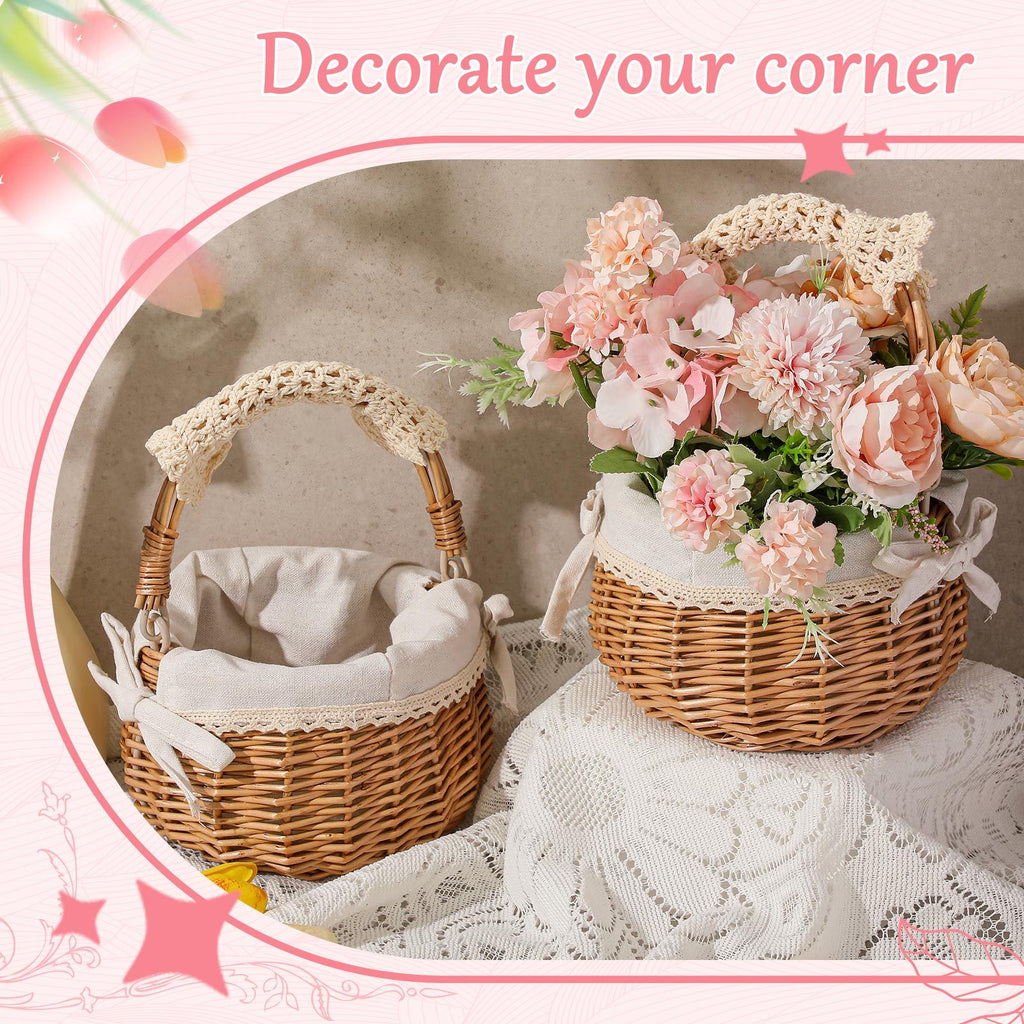 2pcs Small Wicker Rattan Flower Basket Set | Hand Woven With Handle And Fabric Liner, Rustic And Cute For Wedding Girl, Home Decorations, Picnic, Garden, Candy Sweets, Gifts Storage