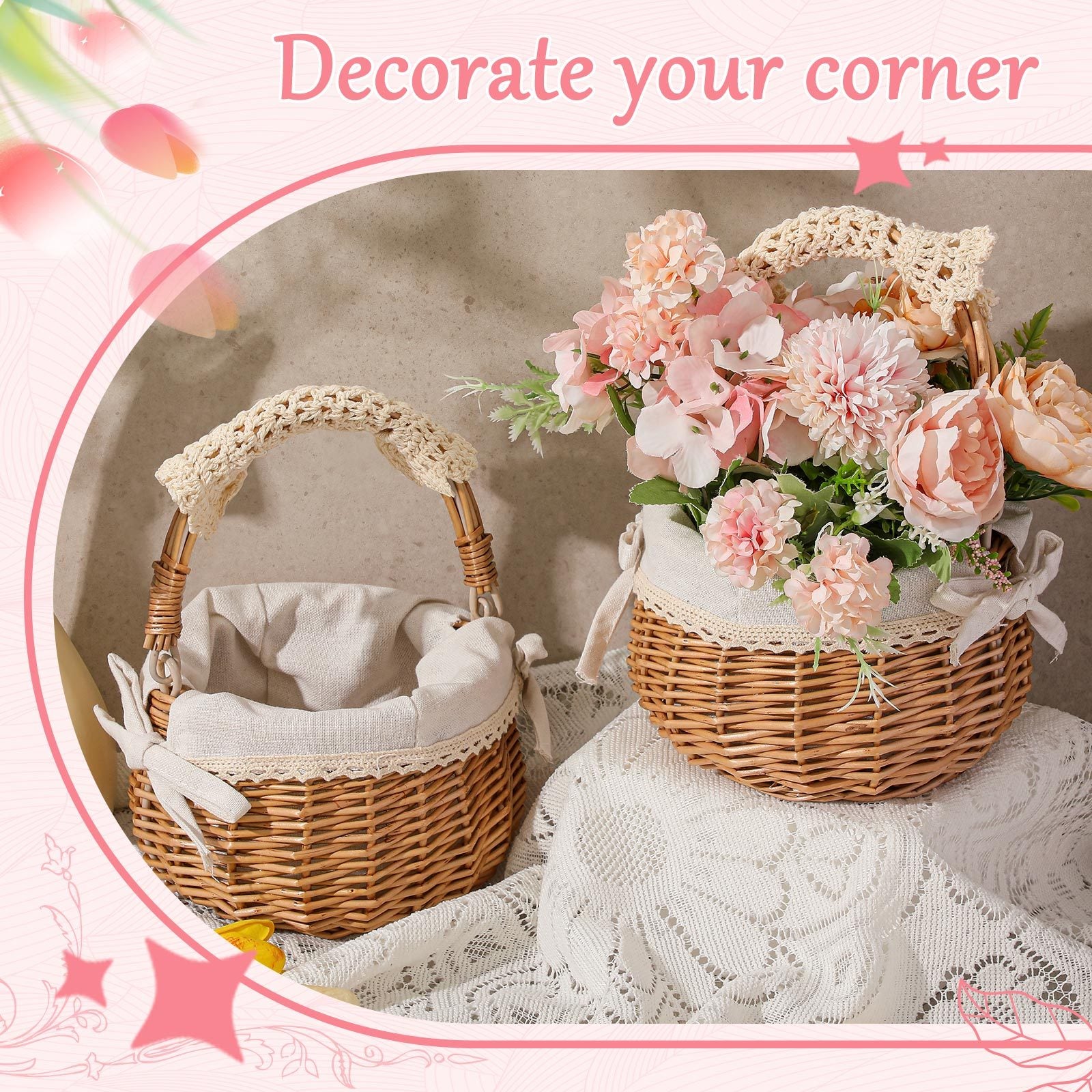 2pcs Small Wicker Rattan Flower Basket Set | Hand Woven With Handle And Fabric Liner, Rustic And Cute For Wedding Girl, Home Decorations, Picnic, Garden, Candy Sweets, Gifts Storage