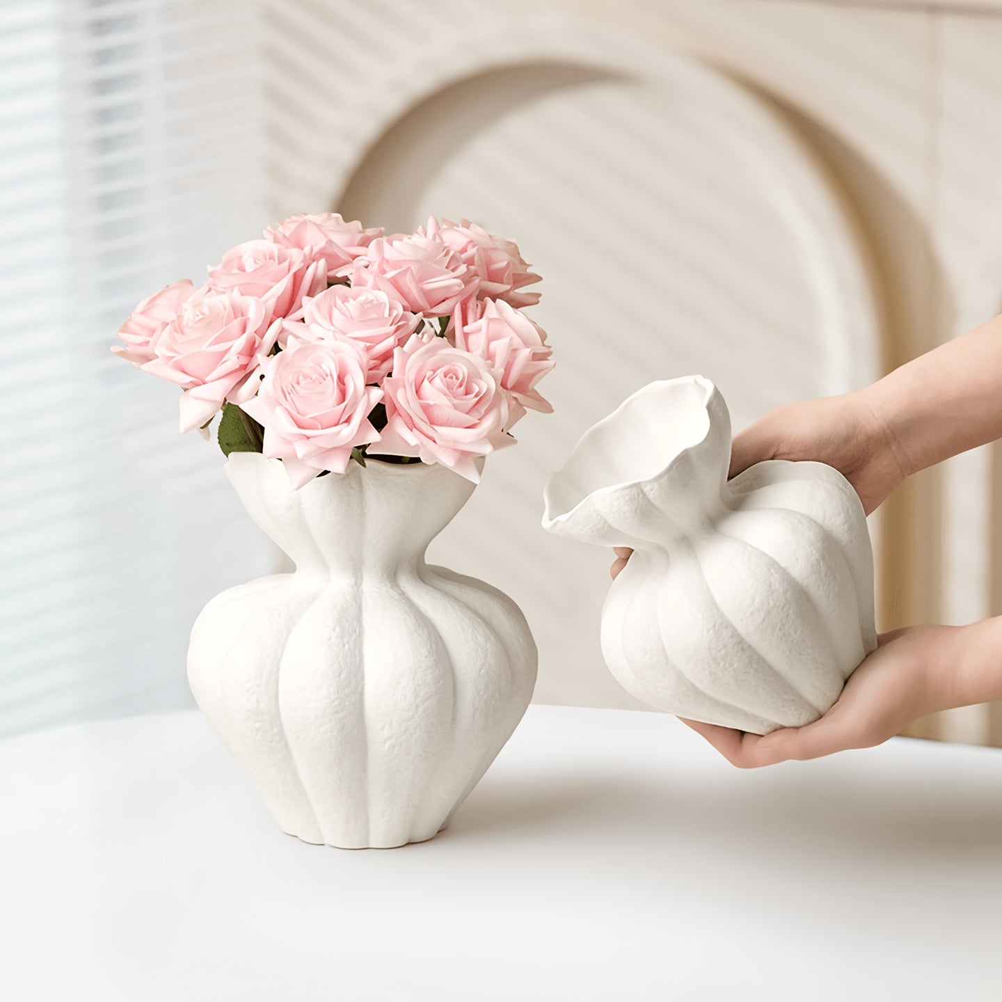 White Ceramic Vase, 8.2 Inch Modern Boho White Flower Vase for Home Decor, Unique Vase for Farmhouse Living Room Cabinet Table Centerpieces Wedding Decorations