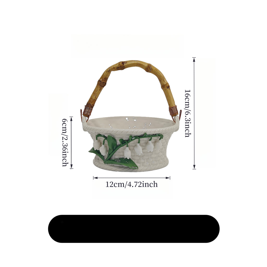 Creative Ceramic Lily of The Valley Handheld Basket, Fruit Basket, Living Room Home Desktop Display Tray, Snack Tray, Storage Basket, Shelf Baskets