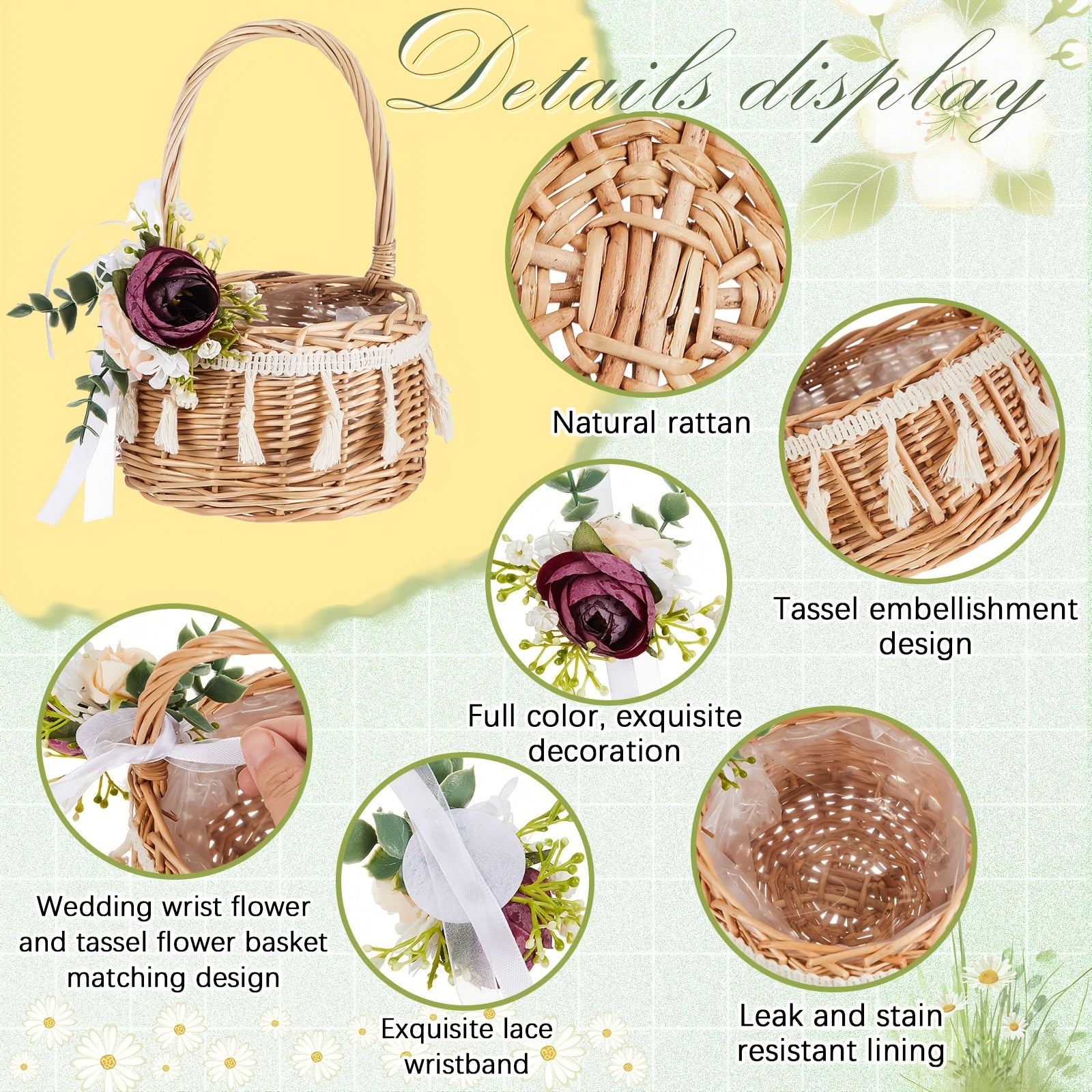 4pcs Rattan Woven Flower Basket Picnic Basket For Wedding Small 5.12 X 8.27 Inch Rustic Wicker Floral Storage Basket With Artificial Flowers Decorative And Handle For Home Wedding Birthday Decor (Purple)